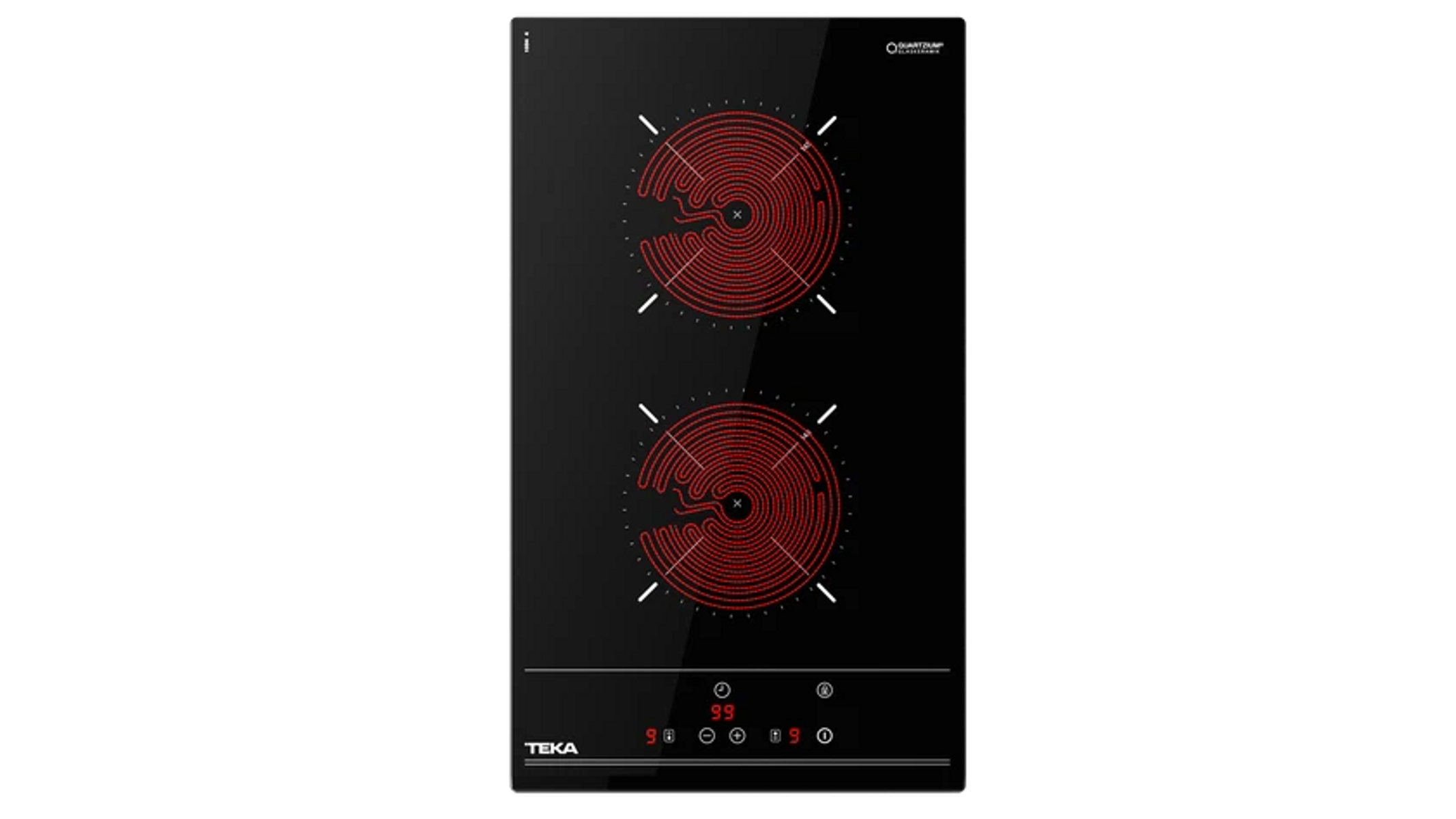 Placa de inducción negra con dos elementos calefactores rojos. Tiene controles táctiles y una pantalla digital.