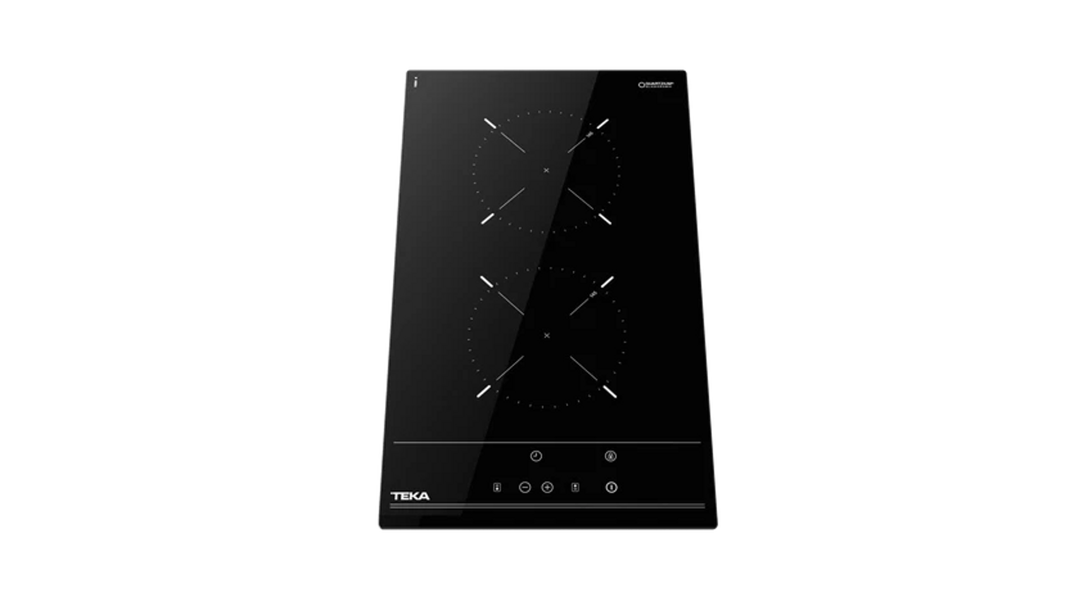 Placa de inducción Teka negra sobre fondo negro. Tiene dos zonas de cocción, controles táctiles y es rectangular.
