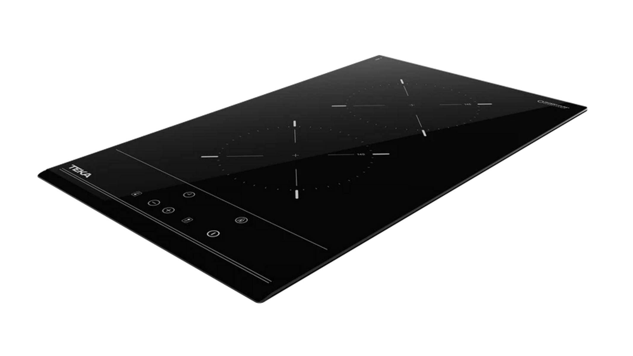 Una placa de inducción Teka negra con dos zonas de cocción. Tiene controles táctiles y una superficie brillante sobre un fondo negro.