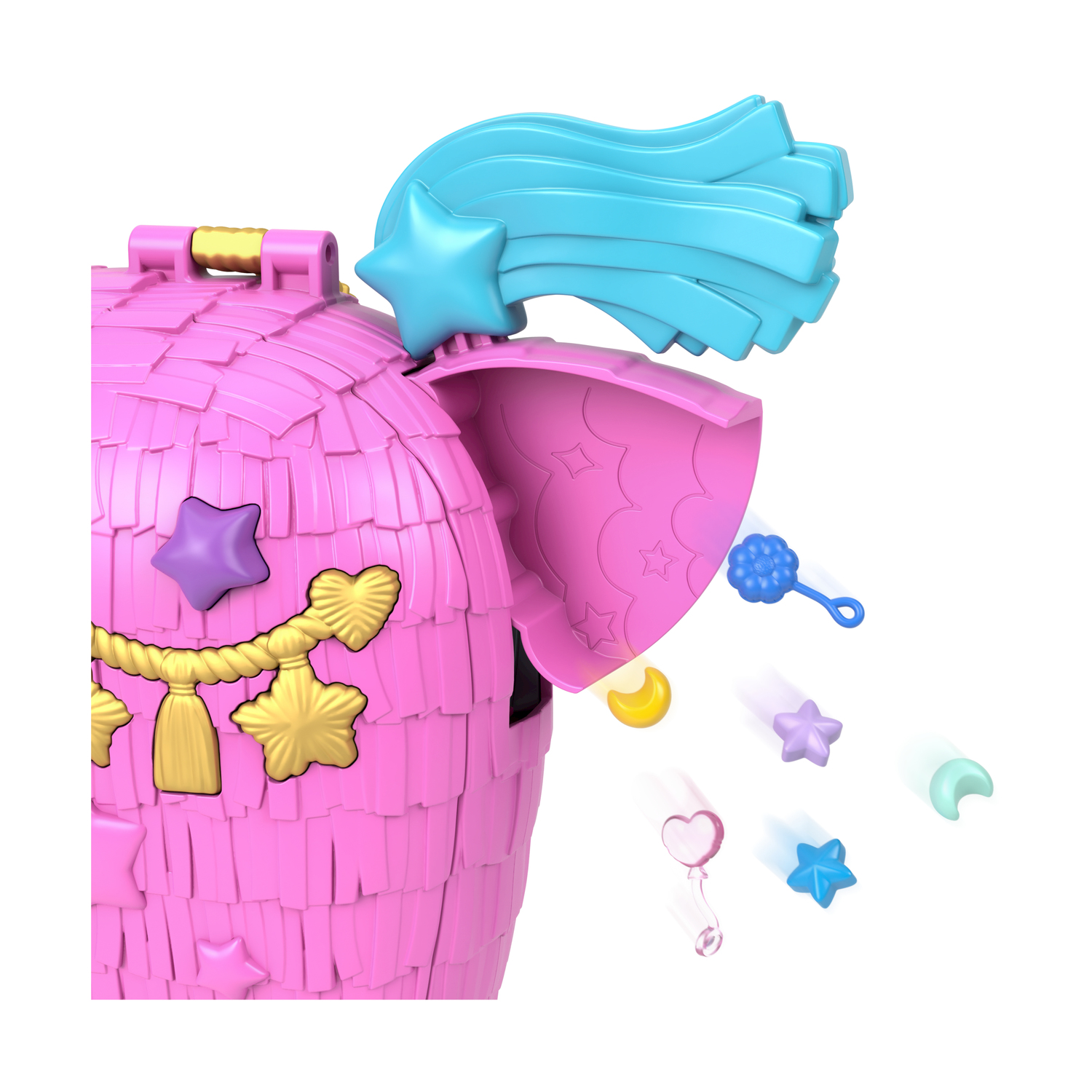 Różowa piñata z niebieską kometą. Małe zabawki, takie jak gwiazdy, serce, księżyc i grzechotka, wypadają z niej.