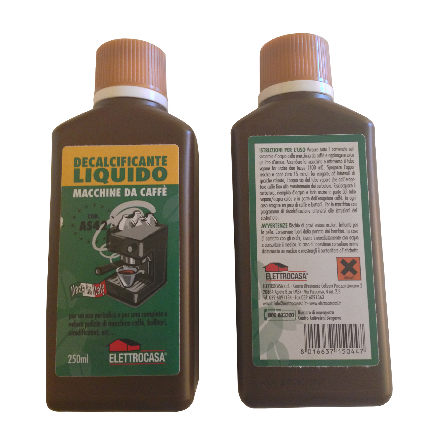 Flasche Entkalker für Kaffeemaschinen. Braune Flasche mit orangefarbenem Deckel und grün-weißem Etikett.