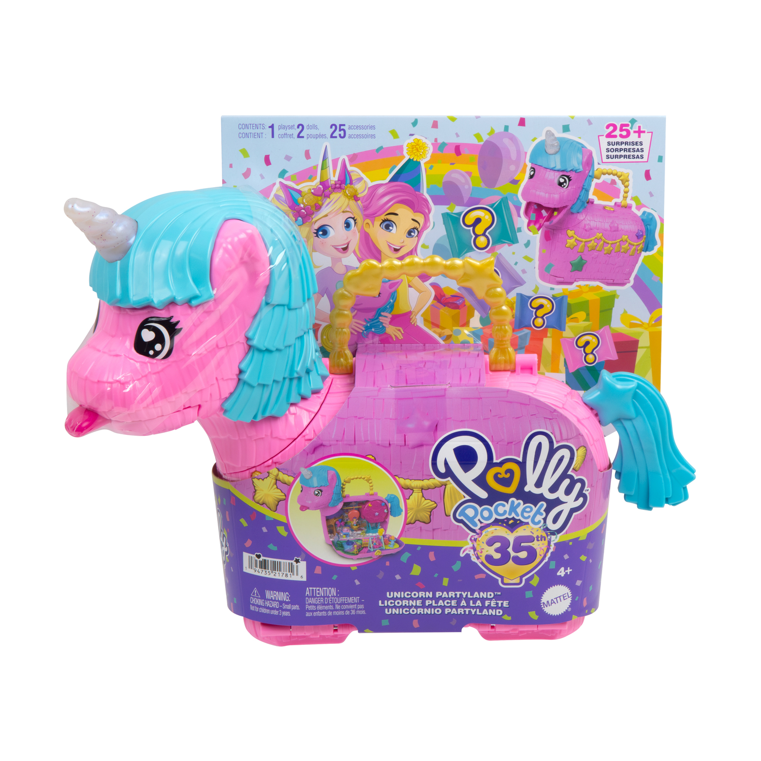 Różowa zabawka jednorożca z niebieską grzywą i ogonem, część zestawu Polly Pocket Unicorn Partyland, z kolorowym pudełkiem.