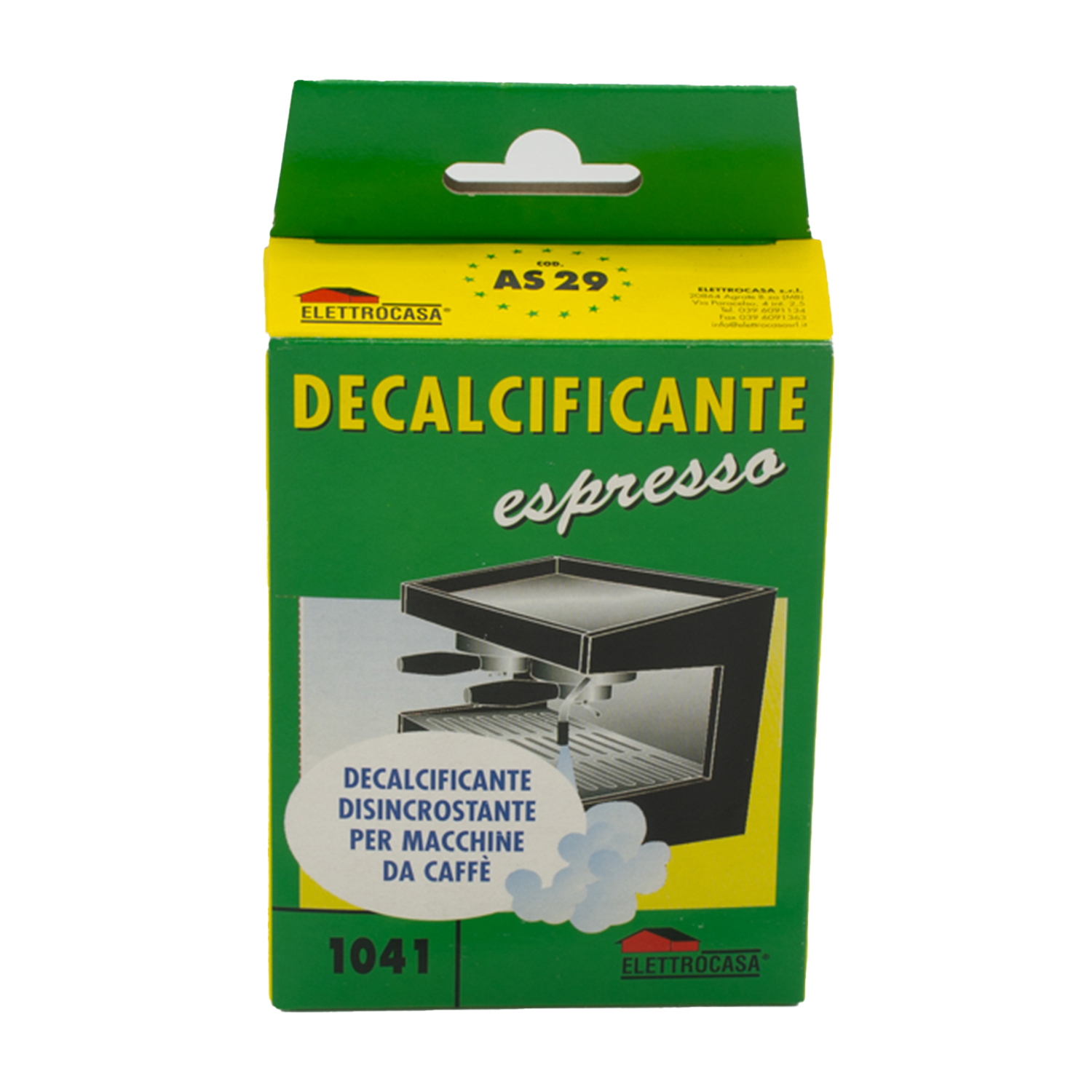 Una scatola verde e gialla con la scritta 'DECALCIFICANTE espresso'. È un anticalcare per macchine da caffè, con l'immagine di una macchina per espresso.