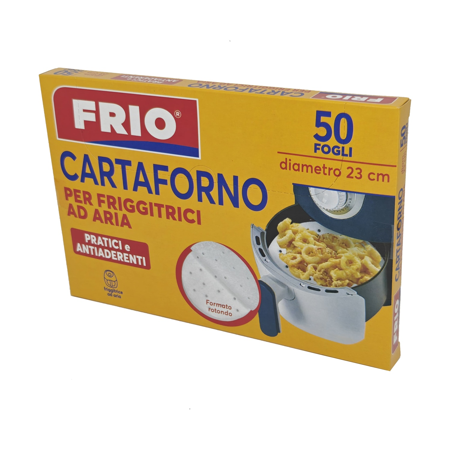 Una scatola gialla di "FRIO CARTAFORNO" per friggitrici ad aria. Mostra una friggitrice con cibo all'interno e carta rotonda. La scatola ha testo italiano.