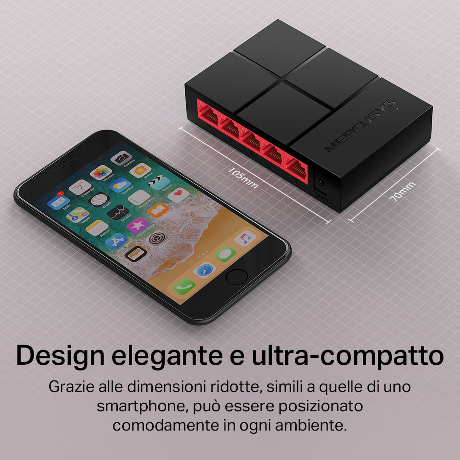 Vengono visualizzati un router nero e uno smartphone. Il router ha porte rosse. Il testo recita 'Design elegante e ultra-compatto'.