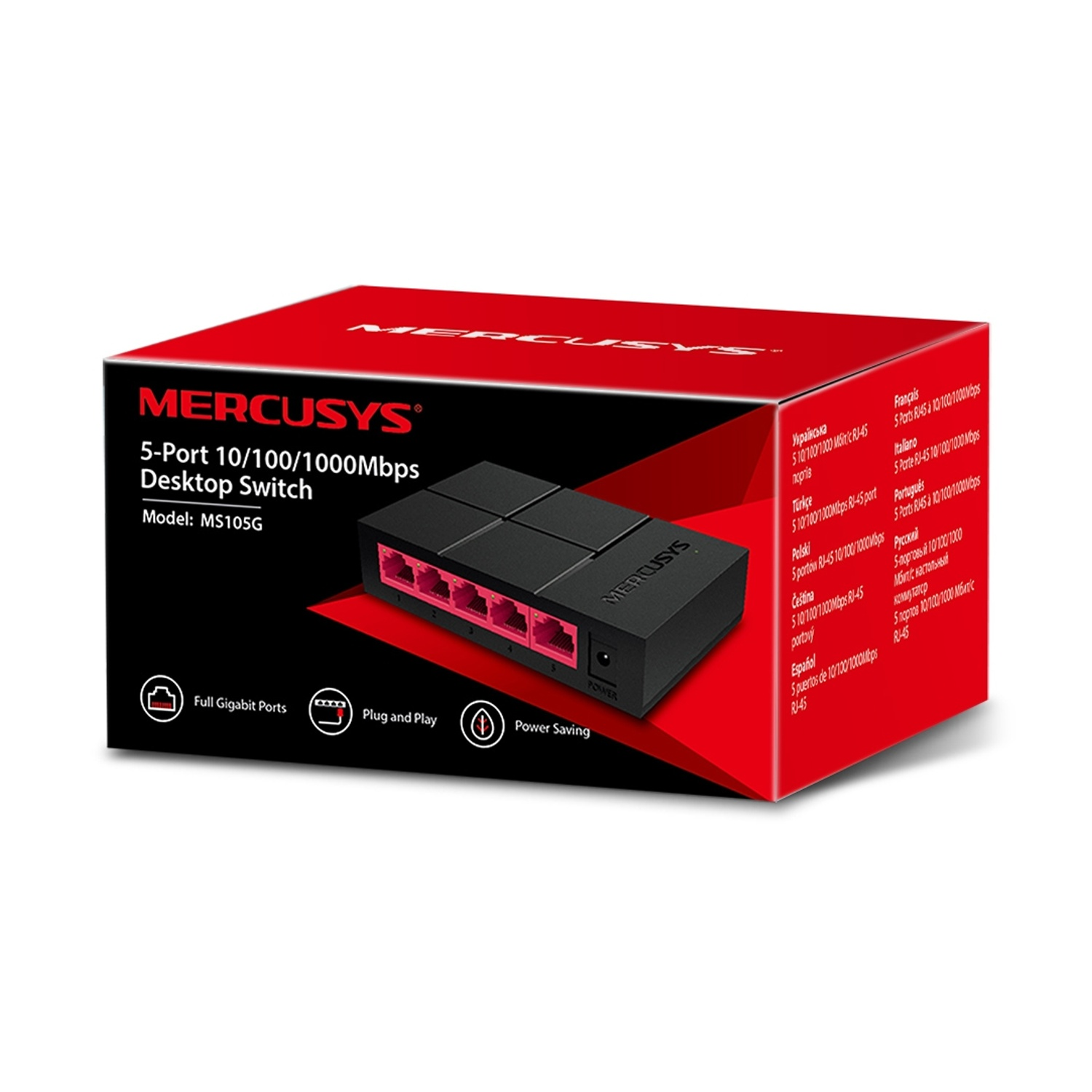 Viene mostrata una scatola di switch da scrivania Mercusys a 5 porte. È nera e rossa, con lo switch sul davanti e il testo sulla scatola.