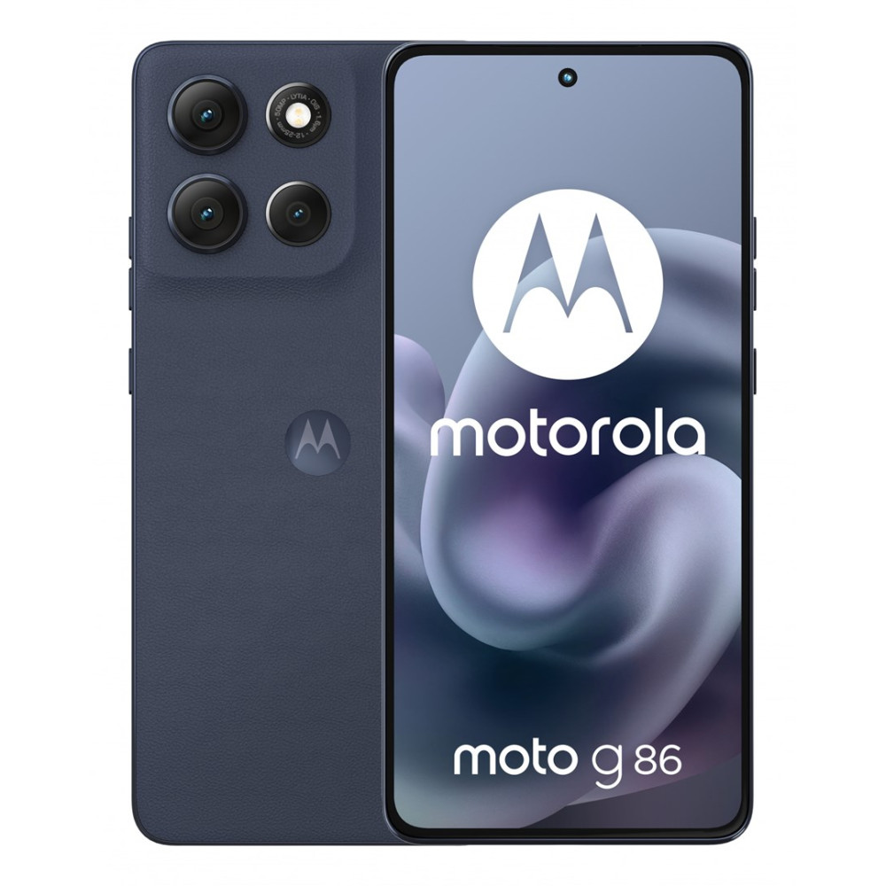 Ciemnoniebieski telefon Motorola Moto G86. Ekran wyświetla logo Motorola i 'moto g86'. Tył ma aparaty i logo.