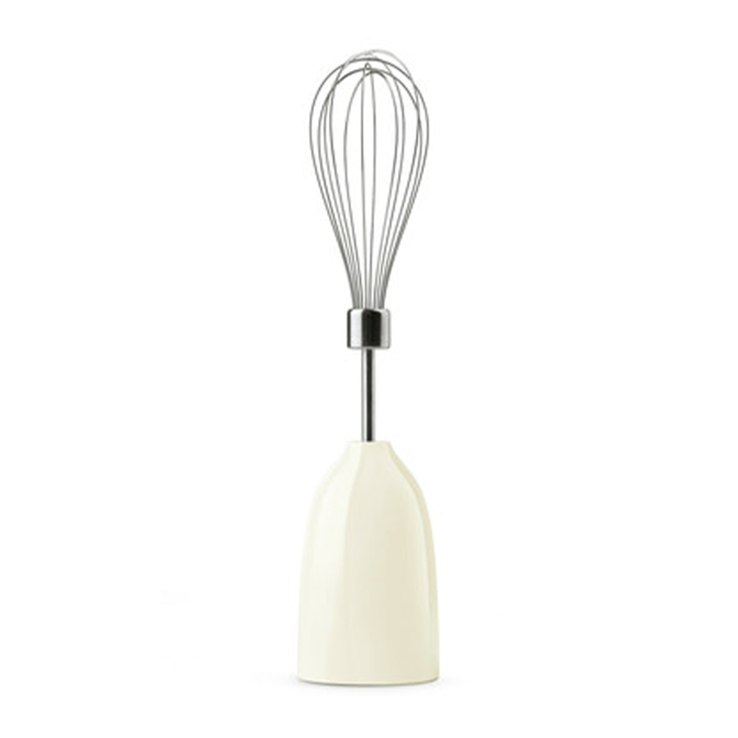 Un frullatore a mano color crema con una frusta in metallo. La frusta è composta da fili metallici sottili e curvi.