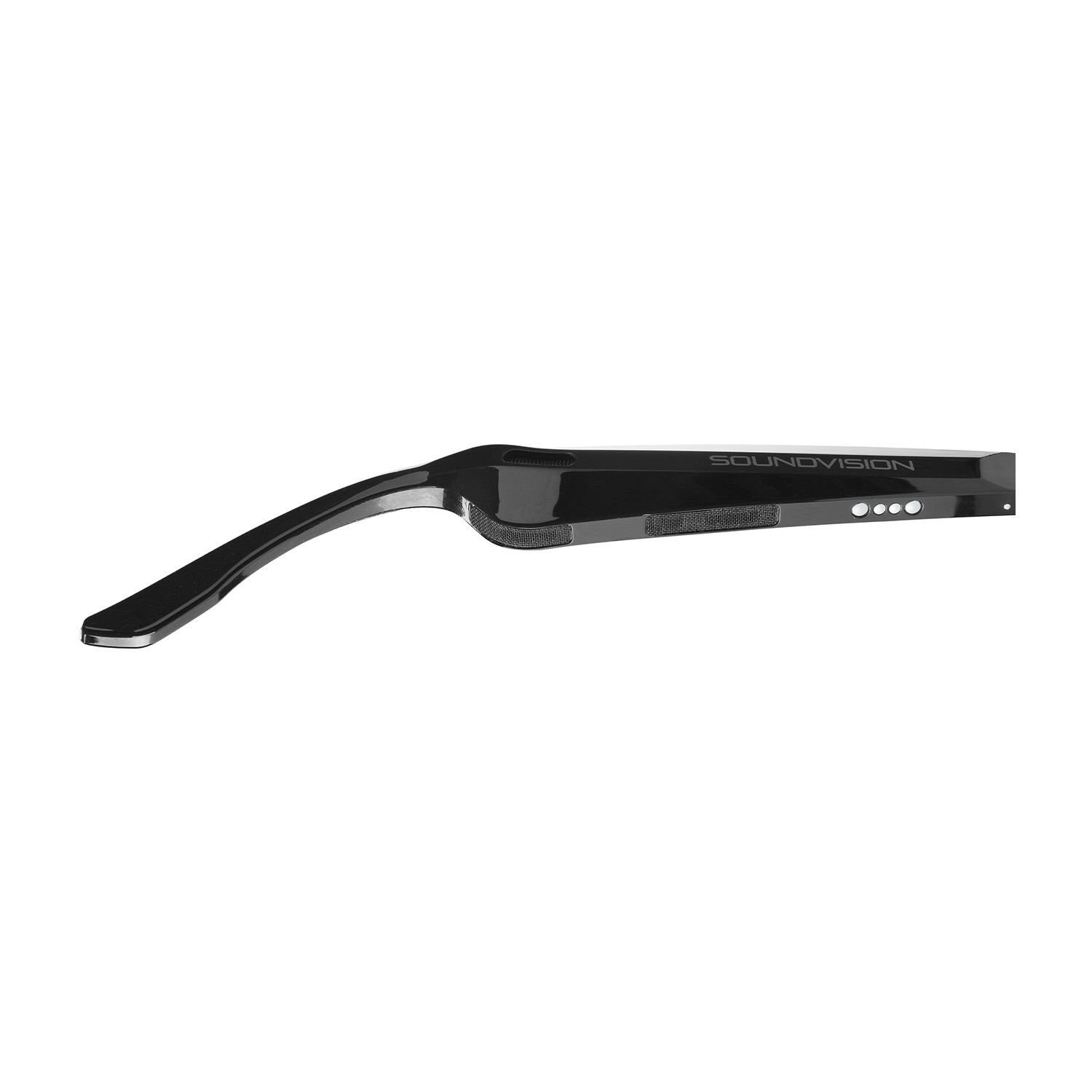 Un dispositivo Soundvision nero. È allungato, con un braccio curvo e un'estremità rettangolare. La parola SOUNDVISION è visibile.