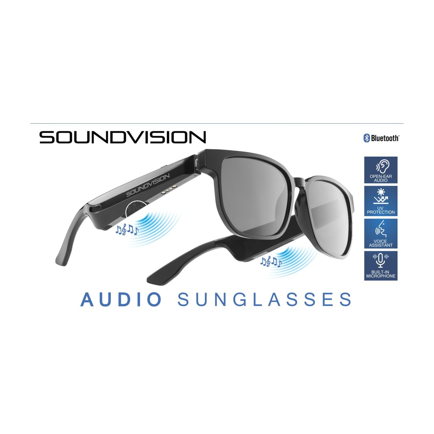 Occhiali da sole audio neri con lenti grigie, il marchio è Soundvision. Caratteristiche: audio open-ear, protezione UV, assistente vocale e microfono.