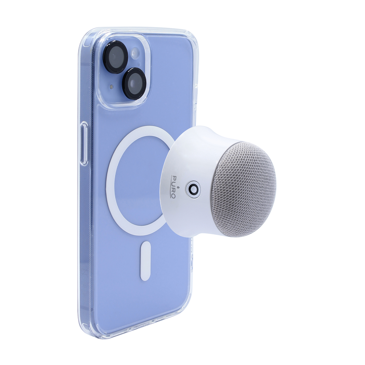 Un teléfono morado claro con una funda transparente y un altavoz blanco. El altavoz está conectado a la parte posterior del teléfono.