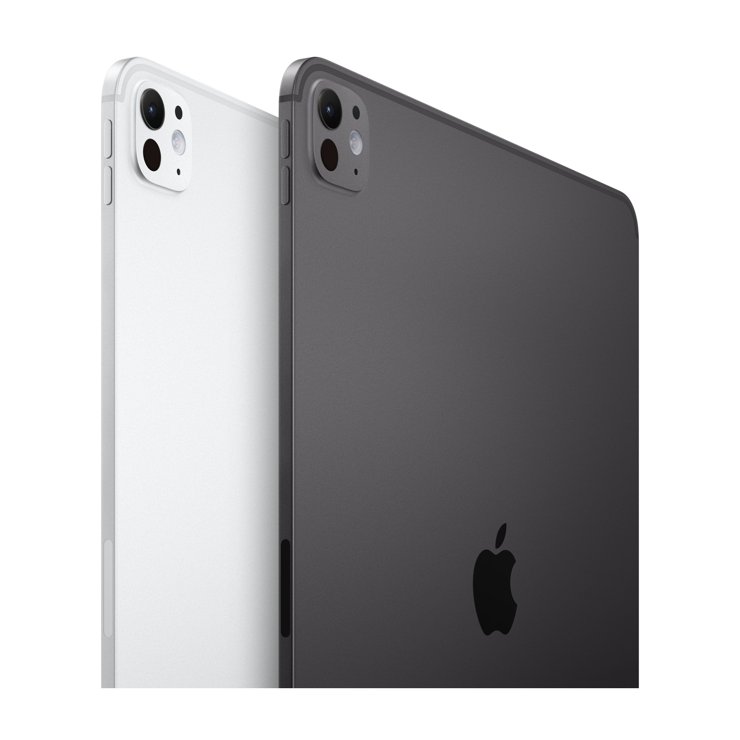 Dwa tablety, jeden biały, drugi szary, z widocznymi aparatami. Szary tablet ma logo Apple.