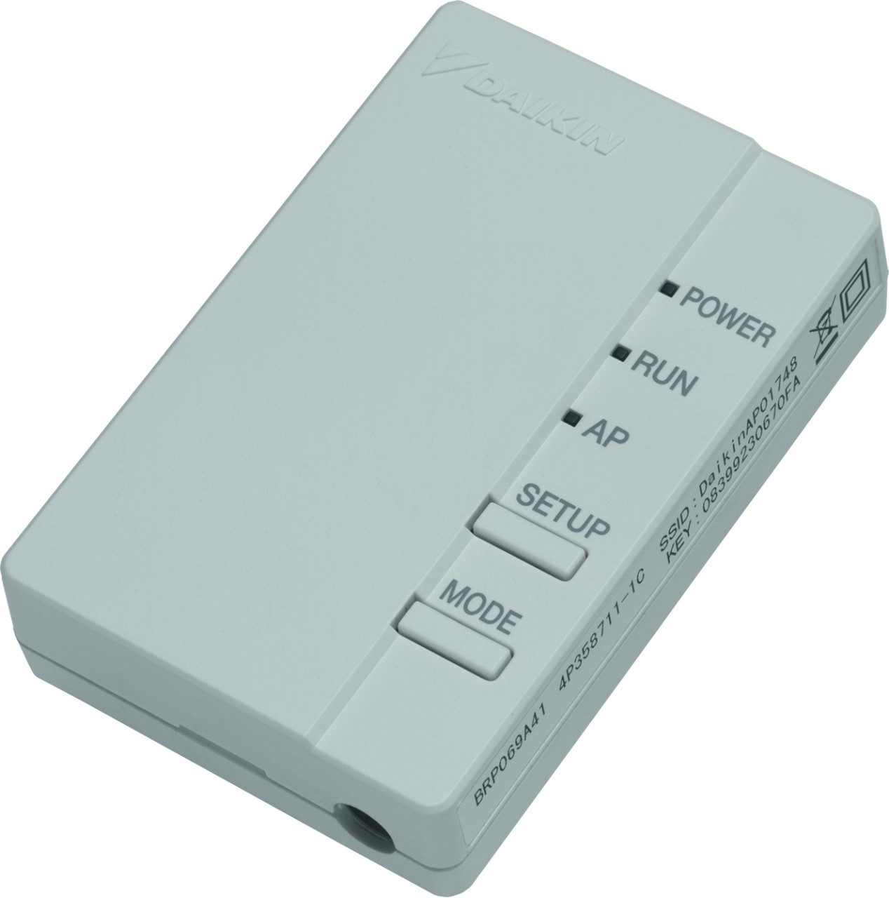 Un dispositivo Daikin grigio con indicatori di alimentazione, run e AP. Pulsanti setup e mode. Include informazioni su modello e SSID.