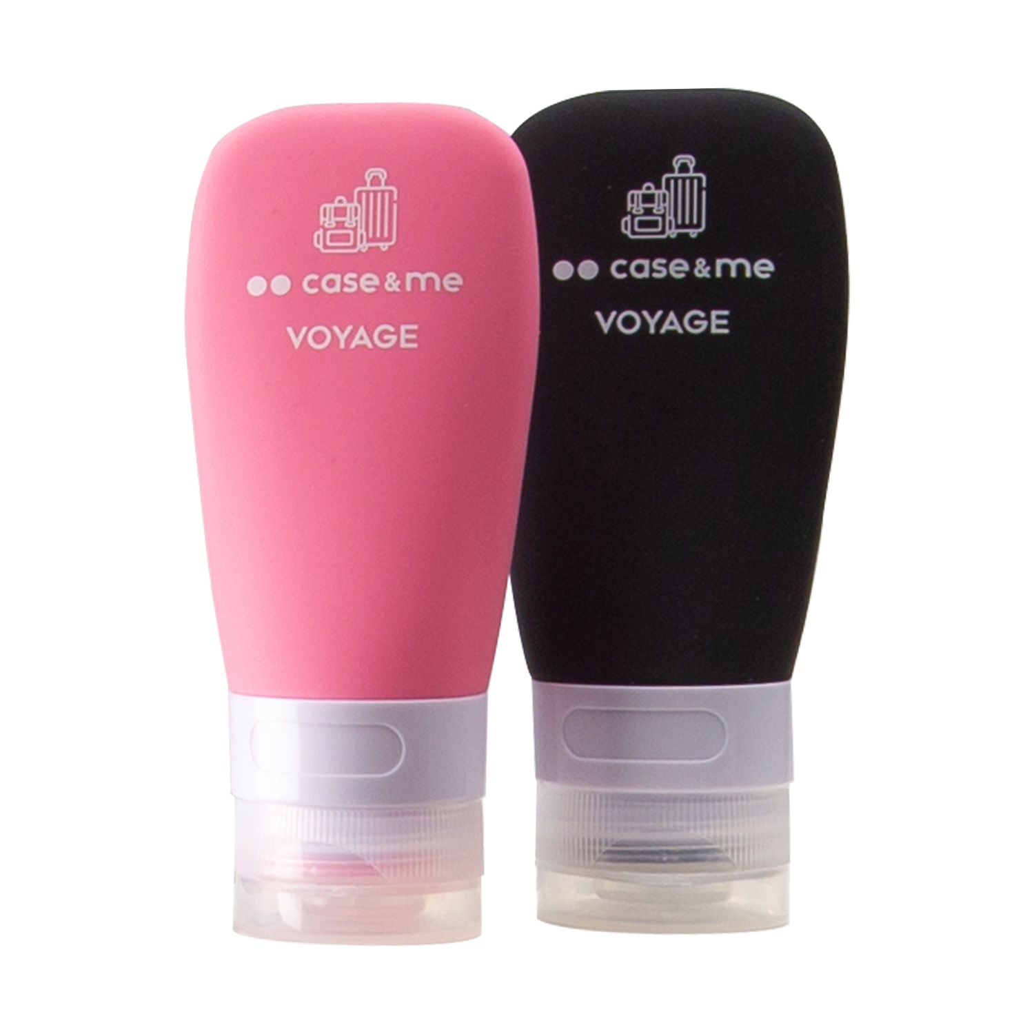 Dos botellas de viaje exprimibles. Una es rosa, la otra negra. Ambas tienen texto blanco y un icono de equipaje. Las tapas son blancas.