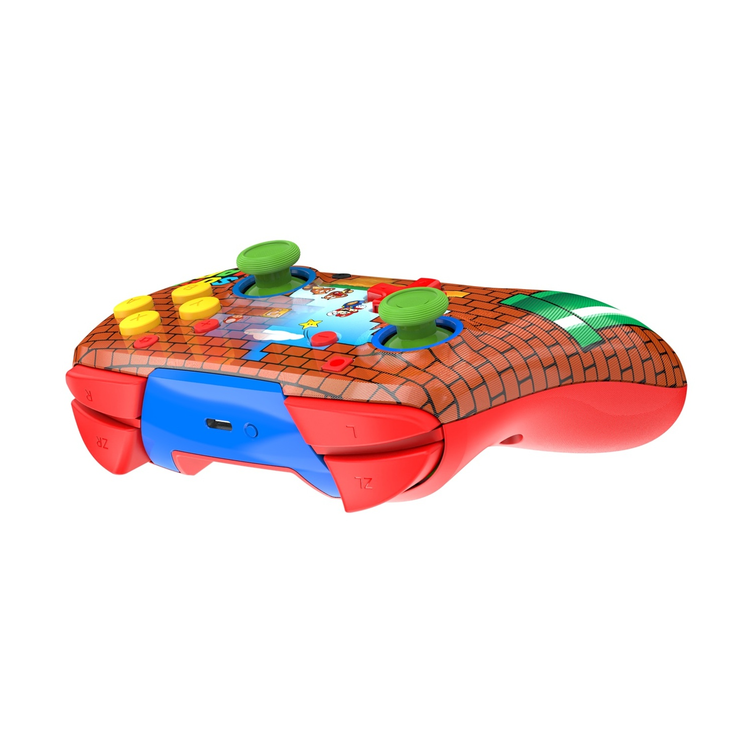 Un controller di gioco colorato con un motivo a mattoni. Ha joystick verdi, pulsanti gialli e un centro blu con lati rossi.