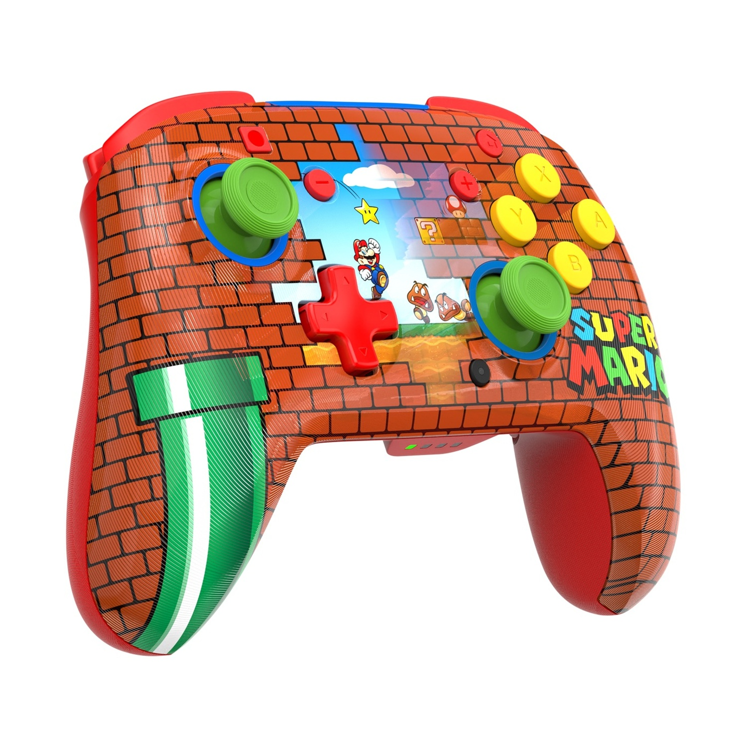 Un controller di gioco a tema Super Mario. Ha pulsanti rossi, verdi e gialli, con un motivo a mattoni e personaggi di Mario.