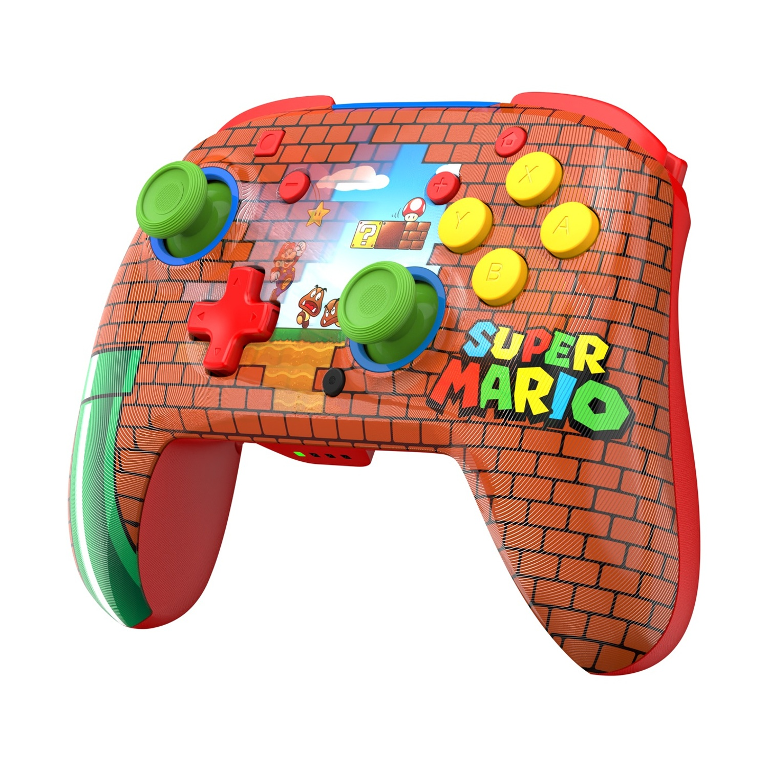 Un controller di gioco a tema Super Mario. Pulsanti rossi, gialli e verdi. Design a mattoni con personaggi di Mario.