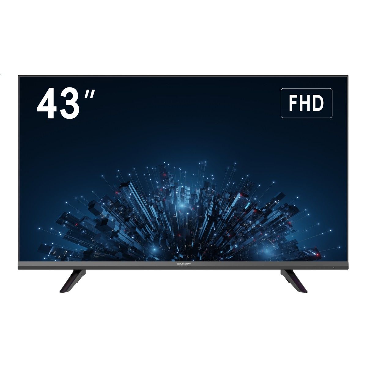Telewizor FHD 43". Ekran wyświetla strukturę przypominającą miasto z ciemnoniebieskim tłem. Telewizor ma czarne nóżki i szarą ramę.