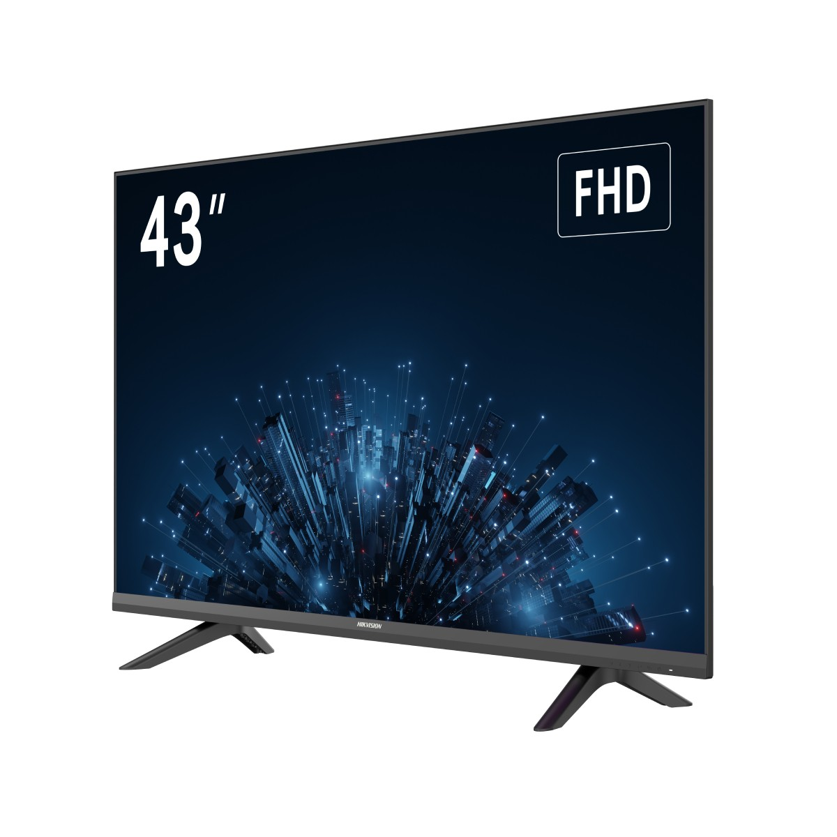 Telewizor FHD 43-calowy z ciemnoniebieskim ekranem wyświetlającym grafikę miasta. Telewizor jest czarny, z czarnymi nóżkami, a marką jest Hikvision.