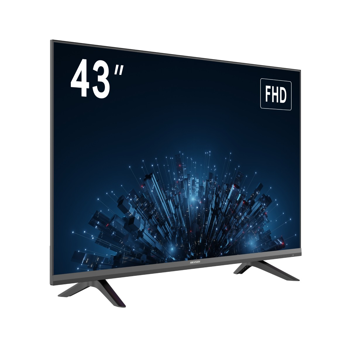 43-calowy telewizor FHD wyświetla futurystyczną scenę miasta na ciemnoniebieskim tle. Ma szarą ramę i stoi na dwóch nogach.