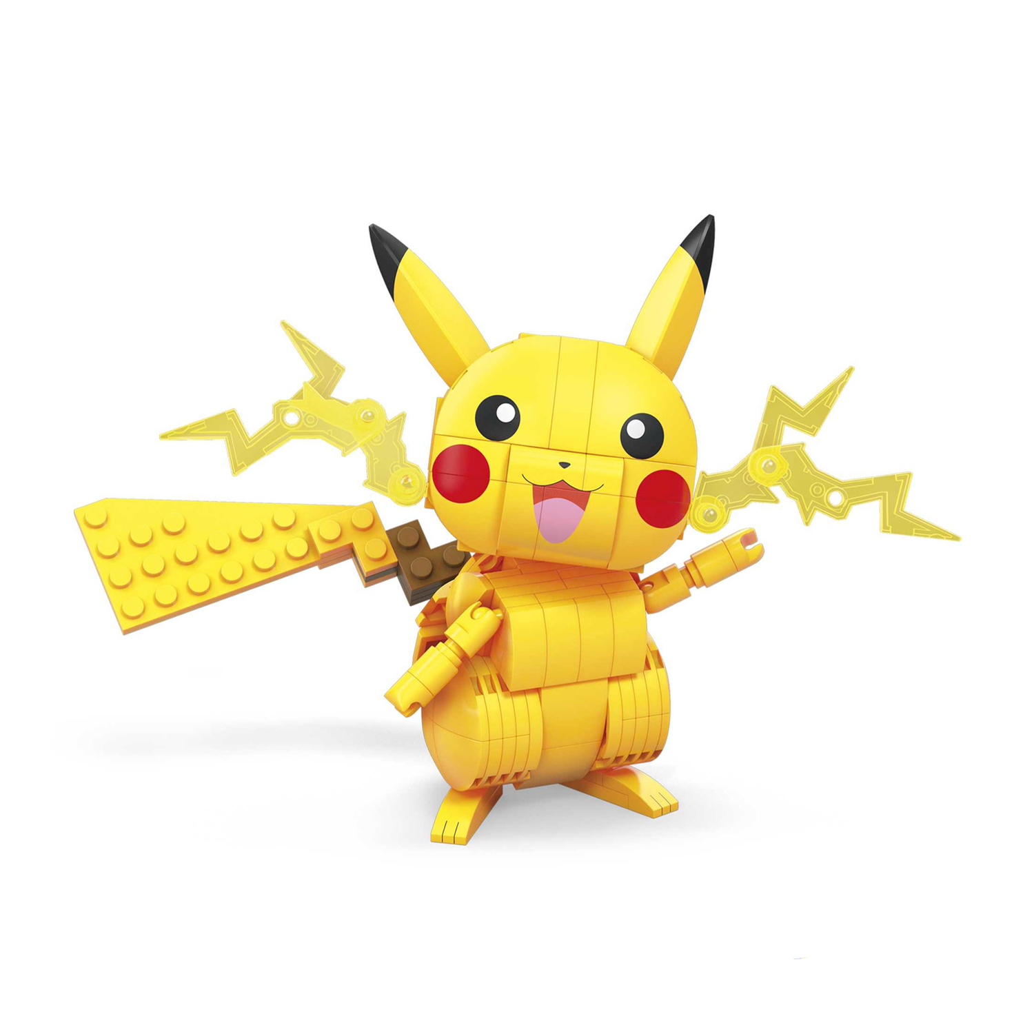 Żółty Pikachu z klocków, z czarnymi końcówkami uszu, czerwonymi policzkami i uśmiechniętą twarzą. Ma akcesoria w kształcie błyskawic.