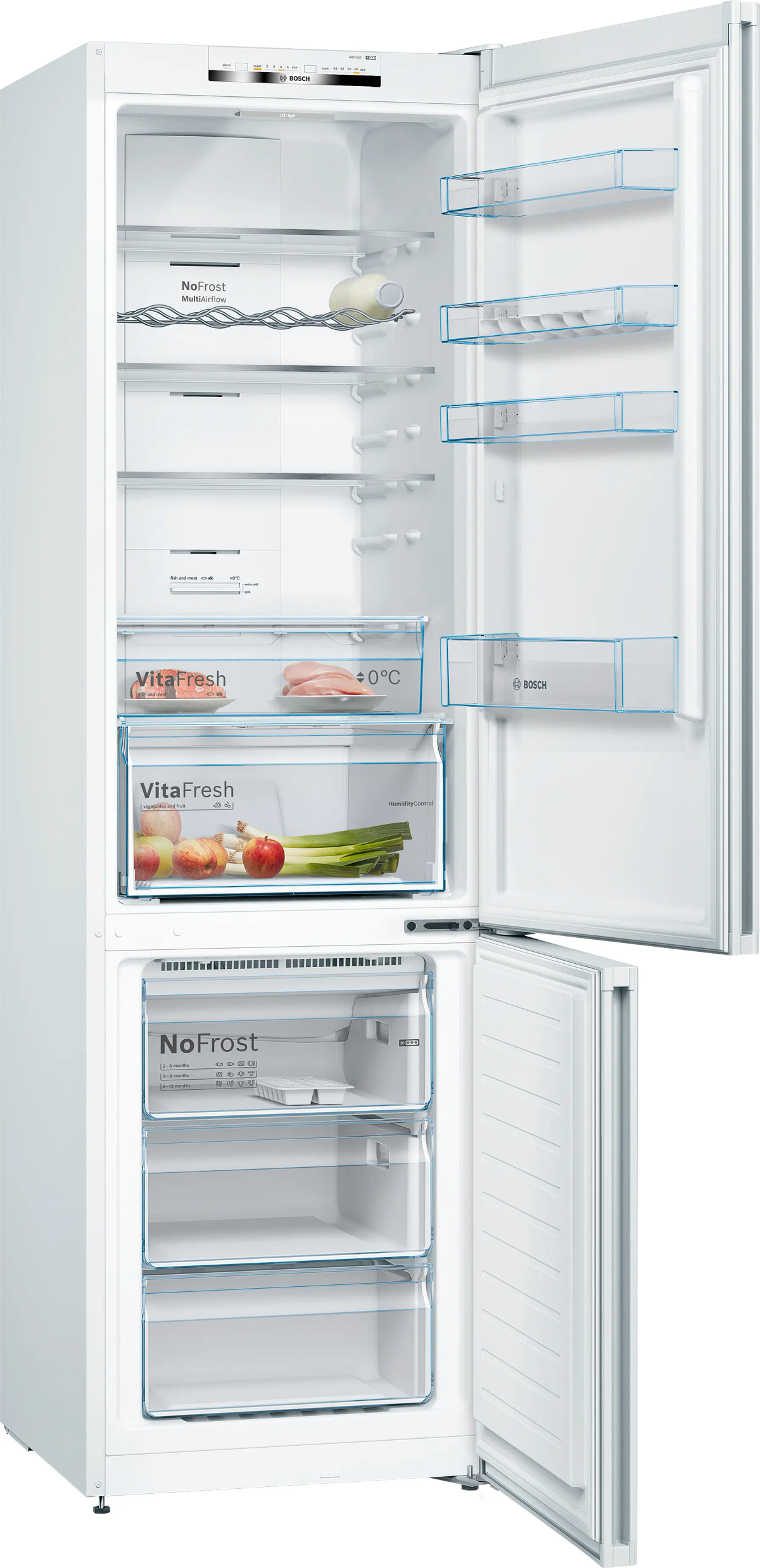 Un refrigerador Bosch blanco con puertas abiertas, revelando estantes, cajones y alimentos como verduras y carne. El congelador está abajo.