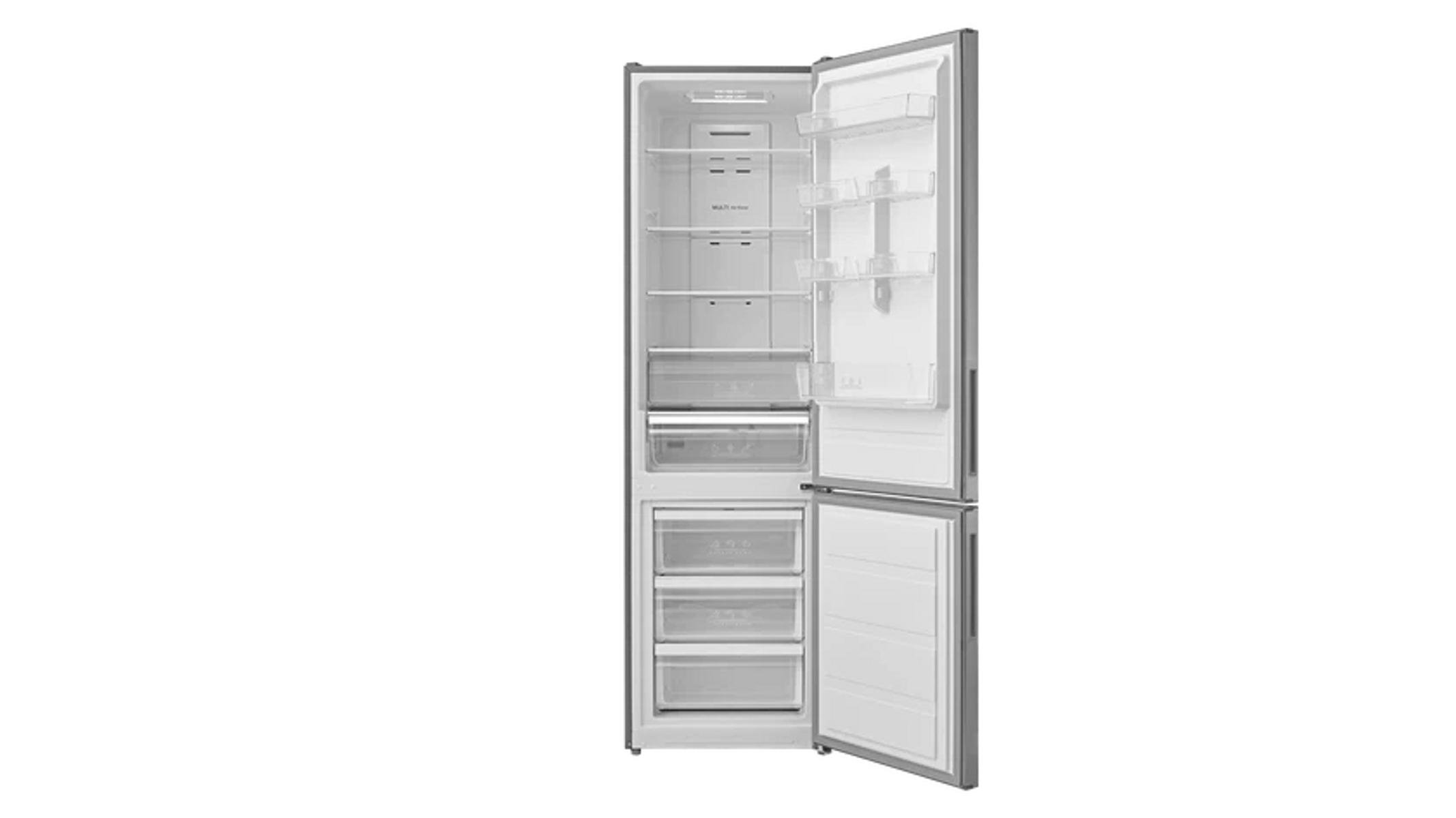 Refrigerador abierto que muestra estantes interiores, cajones y compartimentos. La puerta está en el lado derecho. El fondo es negro.