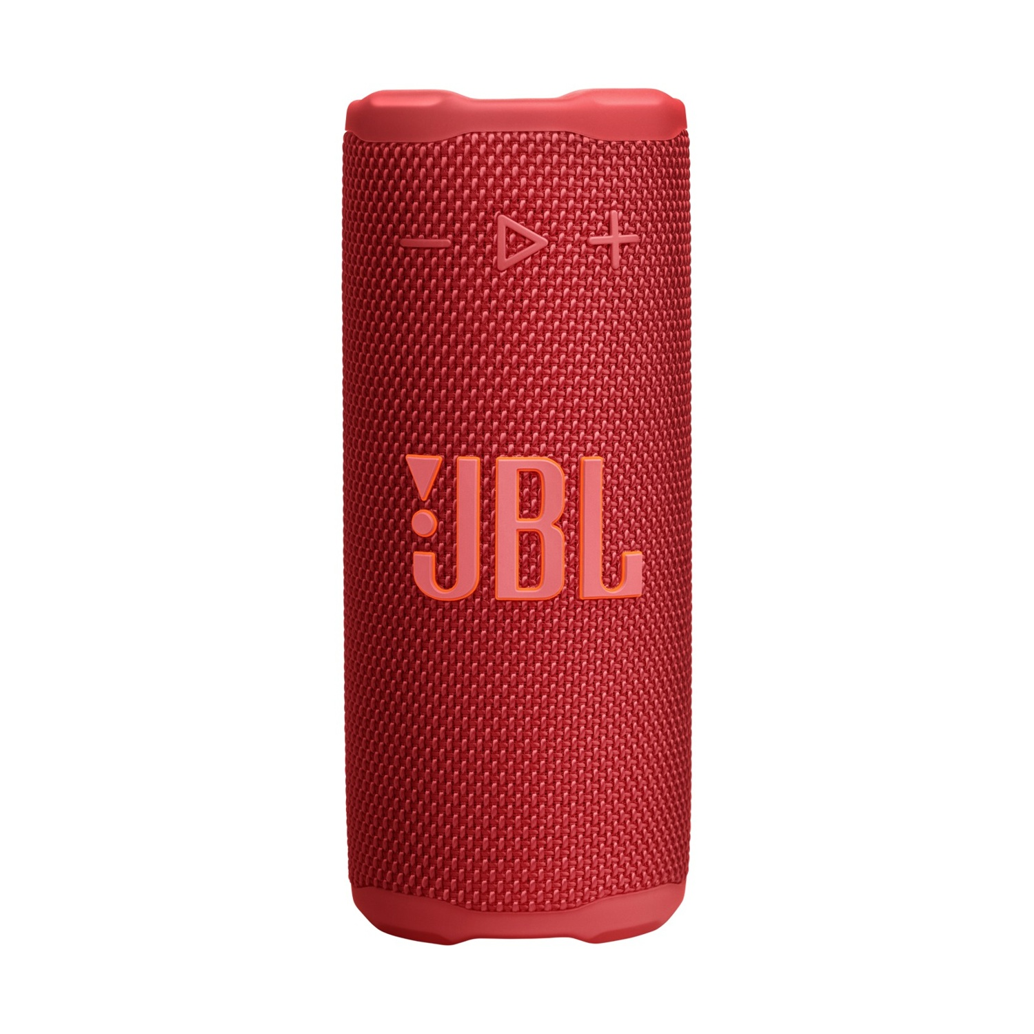 Ein roter JBL-Lautsprecher auf weißem Hintergrund. Er hat Lautstärkeregler und das JBL-Logo in Orange. Der Lautsprecher ist zylindrisch.