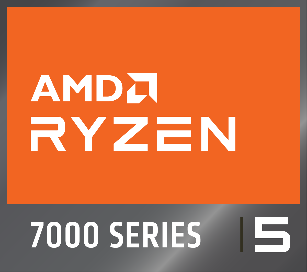 Logo AMD Ryzen 7000 Series 5. Testo bianco su sfondo arancione. Sfondo grigio. Il 5 è a destra.