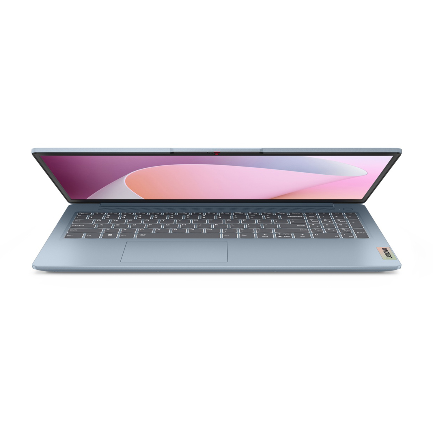 Un laptop Lenovo blu è aperto, con schermo rosa e bianco. La tastiera è visibile e lo sfondo è bianco.