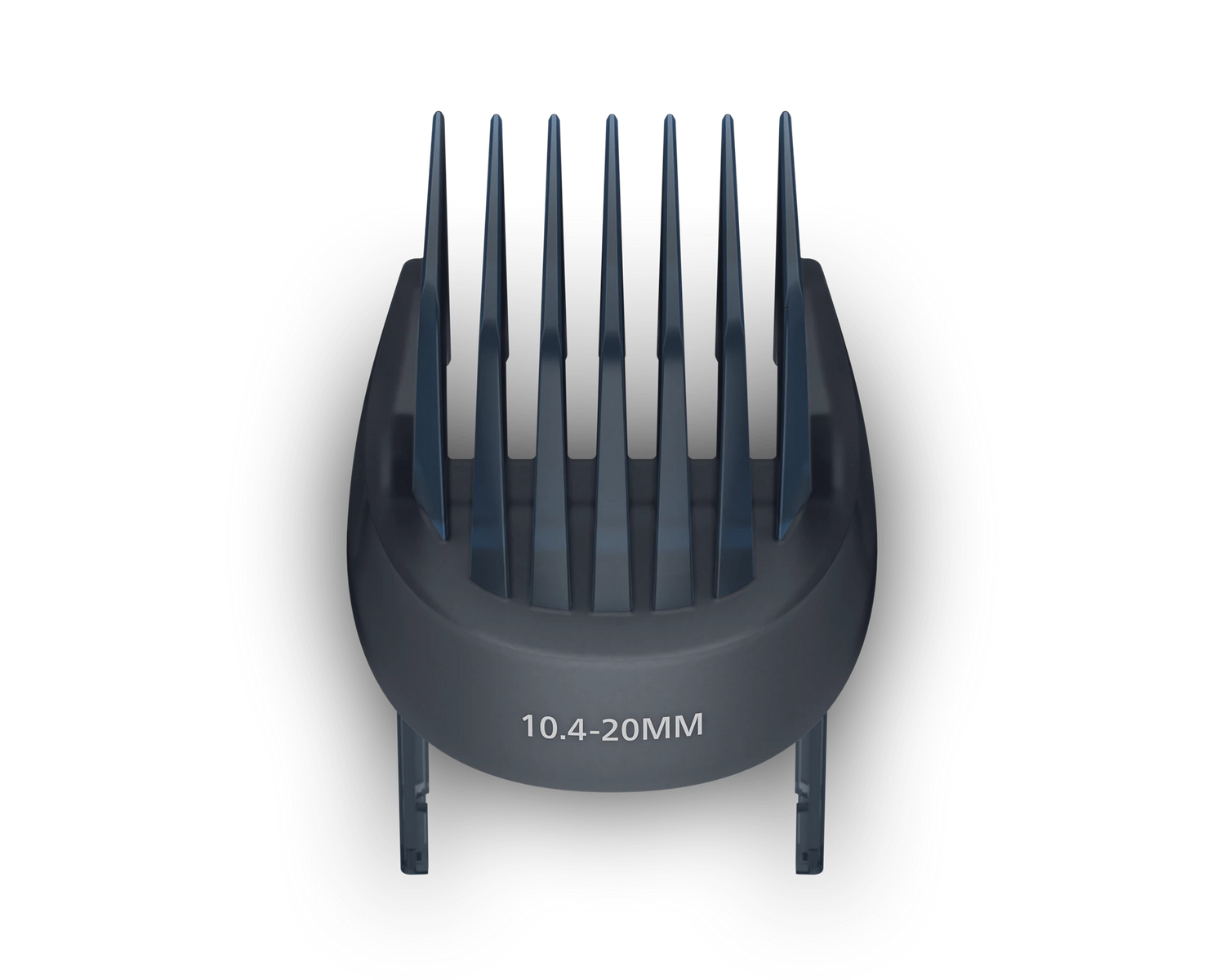 Ciemnoszara nasadka do maszynki do włosów z oznaczeniem 10,4-20mm. Ma wiele pionowych ostrzy i zakrzywioną podstawę na czarnym tle.