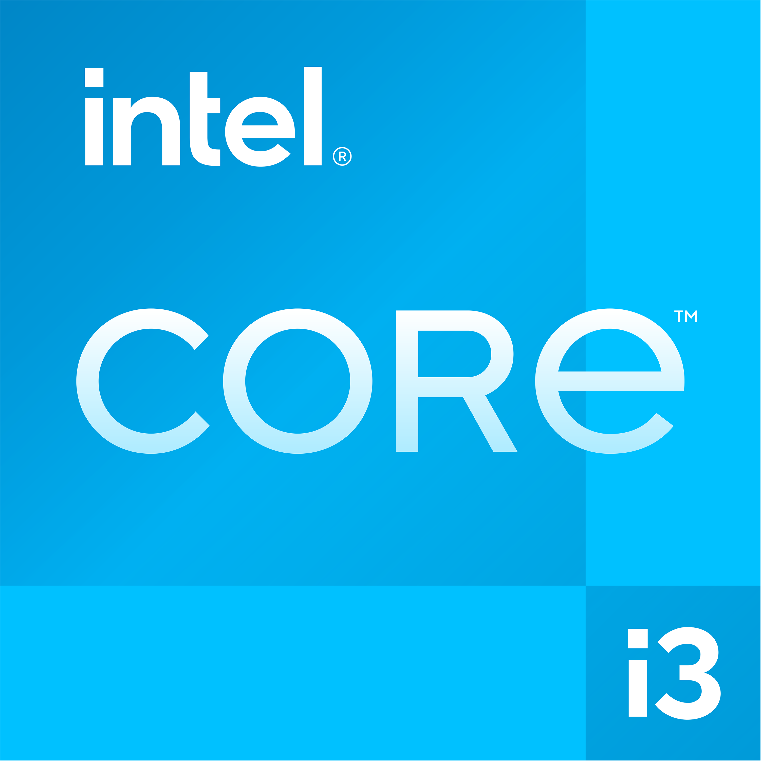Sfondo blu con logo Intel Core i3 bianco. Intel in alto, Core in grande e i3 in basso, in bianco.