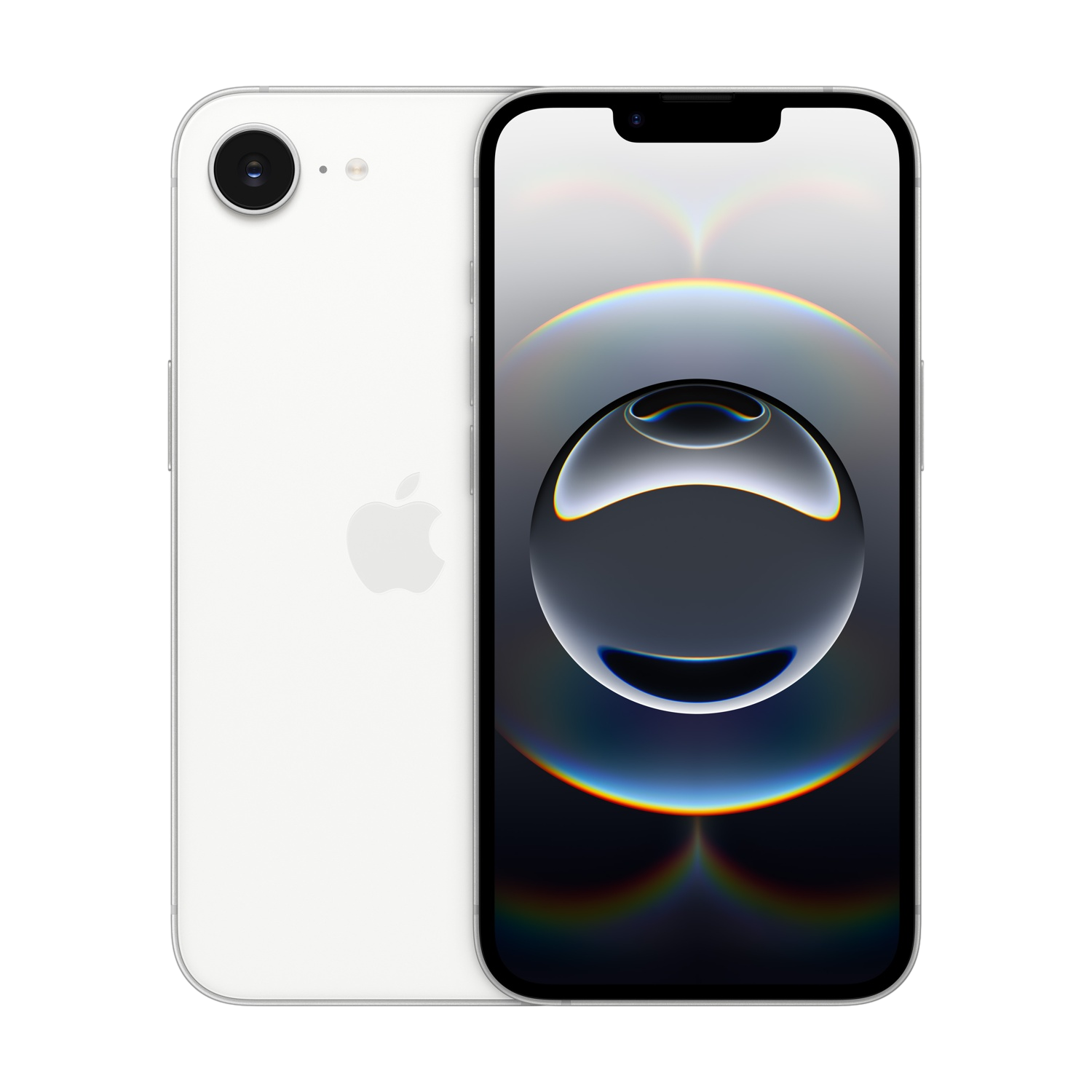 Zwei weiße iPhones, eines mit der Rückseite mit Kamera und Apple-Logo, das andere mit dunklem, kugelförmigem Hintergrund.