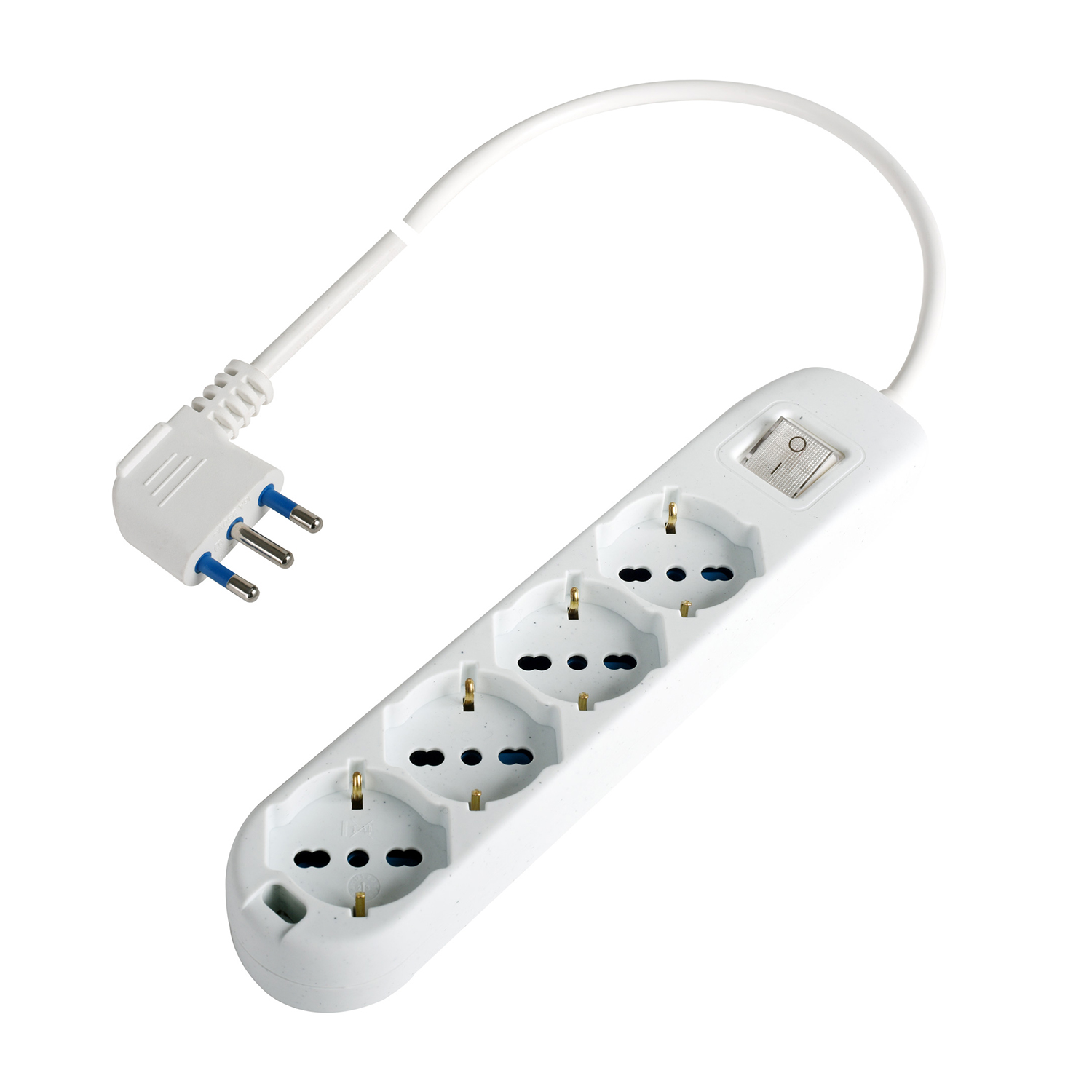 Ein weißes Verlängerungskabel mit vier Steckdosen und einem Ein/Aus-Schalter. Es hat ein weißes Kabel und einen Stecker mit blauen Stiften.