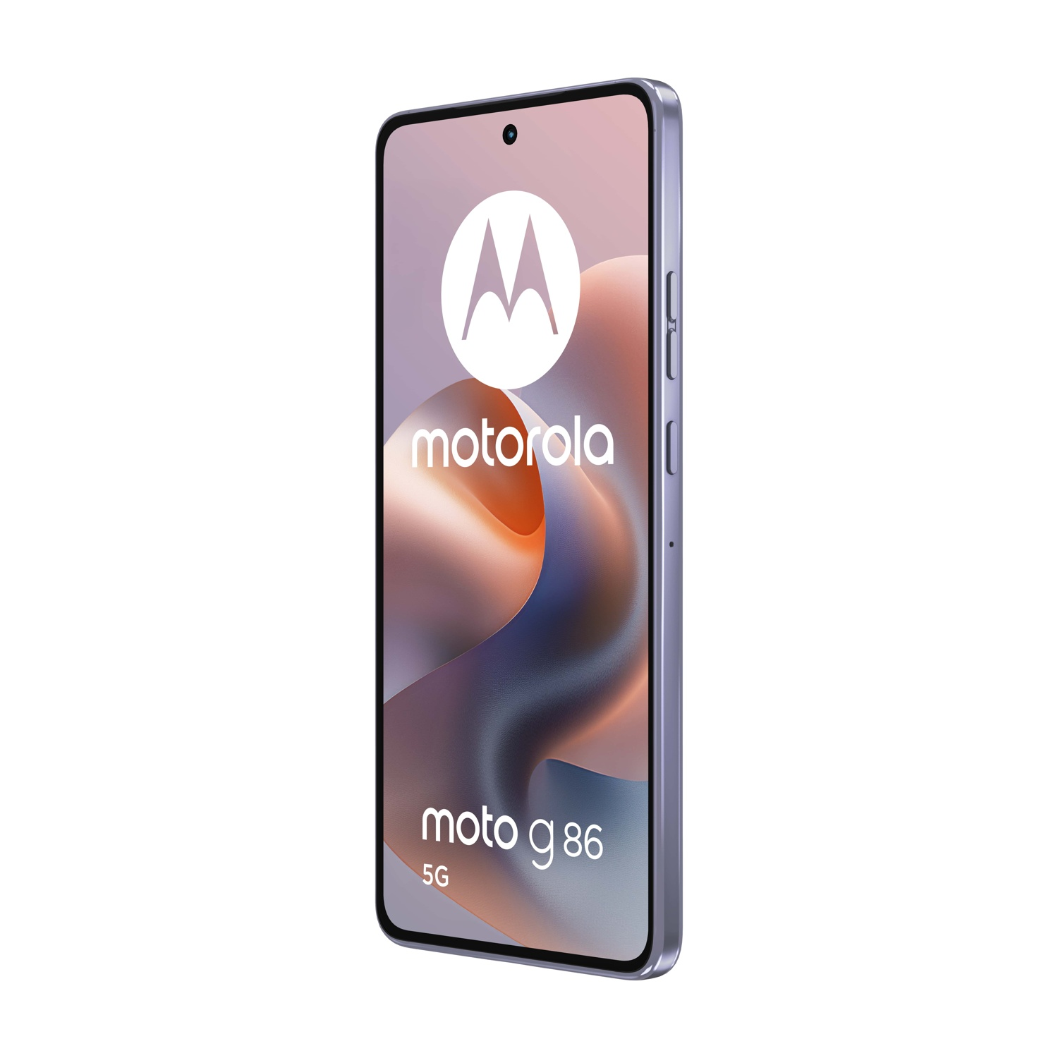 Smartfon Motorola Moto g86 5G. Ekran wyświetla logo Motoroli i model telefonu. Telefon jest fioletowy i ustawiony pod kątem.