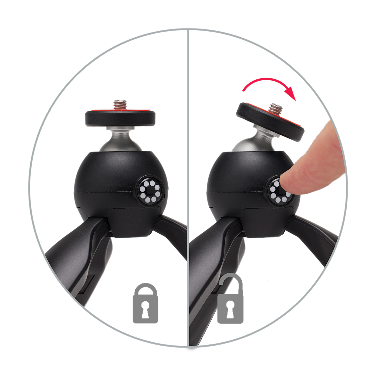 A tripod head is shown in two states: locked and unlocked. A finger pushes a button to tilt the head. A red arrow indicates the movement.