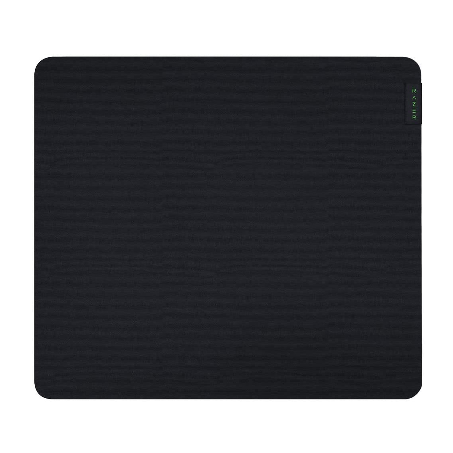 Ein schwarzes Razer-Mauspad vor weißem Hintergrund. Das Razer-Logo ist in der oberen rechten Ecke grün zu sehen.