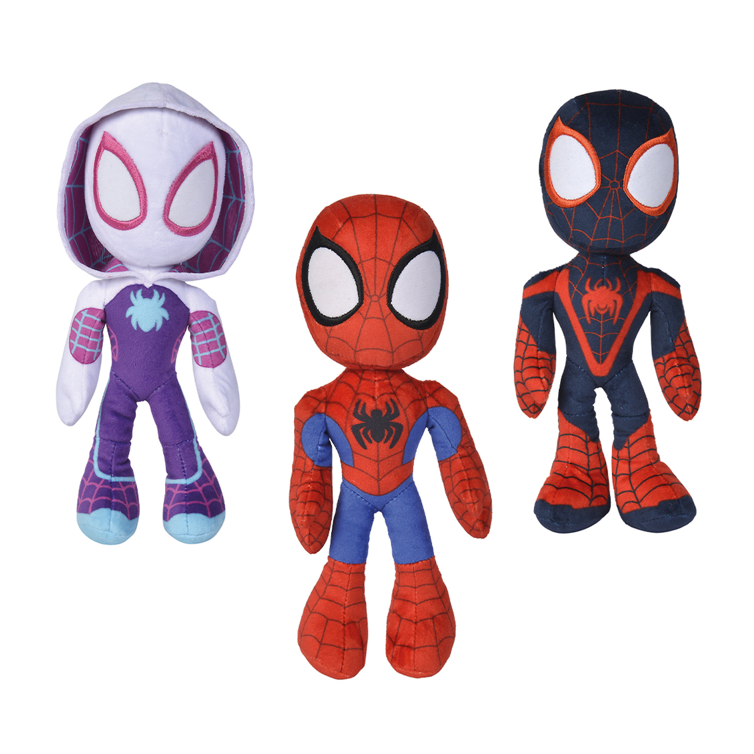 Trzy pluszowe zabawki Spider-Man. Jeden to Spider-Gwen, jeden to klasyczny Spider-Man, a jeden to Miles Morales.