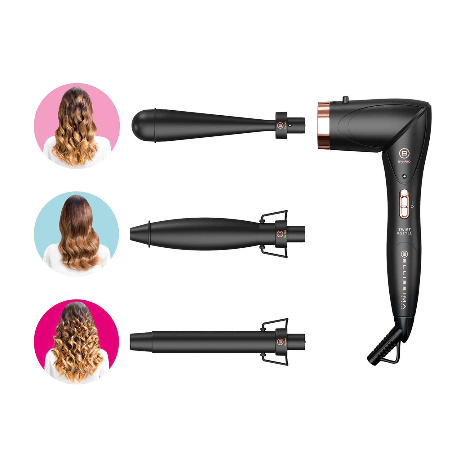 Una plancha rizadora negra con barriles intercambiables. Se muestran tres peinados de mujer en círculos. La plancha está marcada como 'Bellissima'.