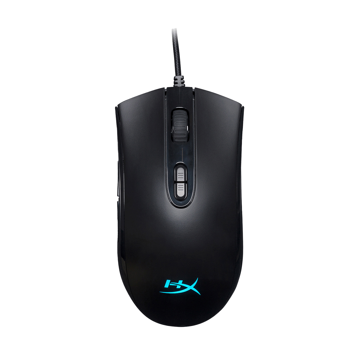 Une souris d'ordinateur noire avec une connexion filaire. Elle possède une molette, des boutons et un logo bleu brillant.
