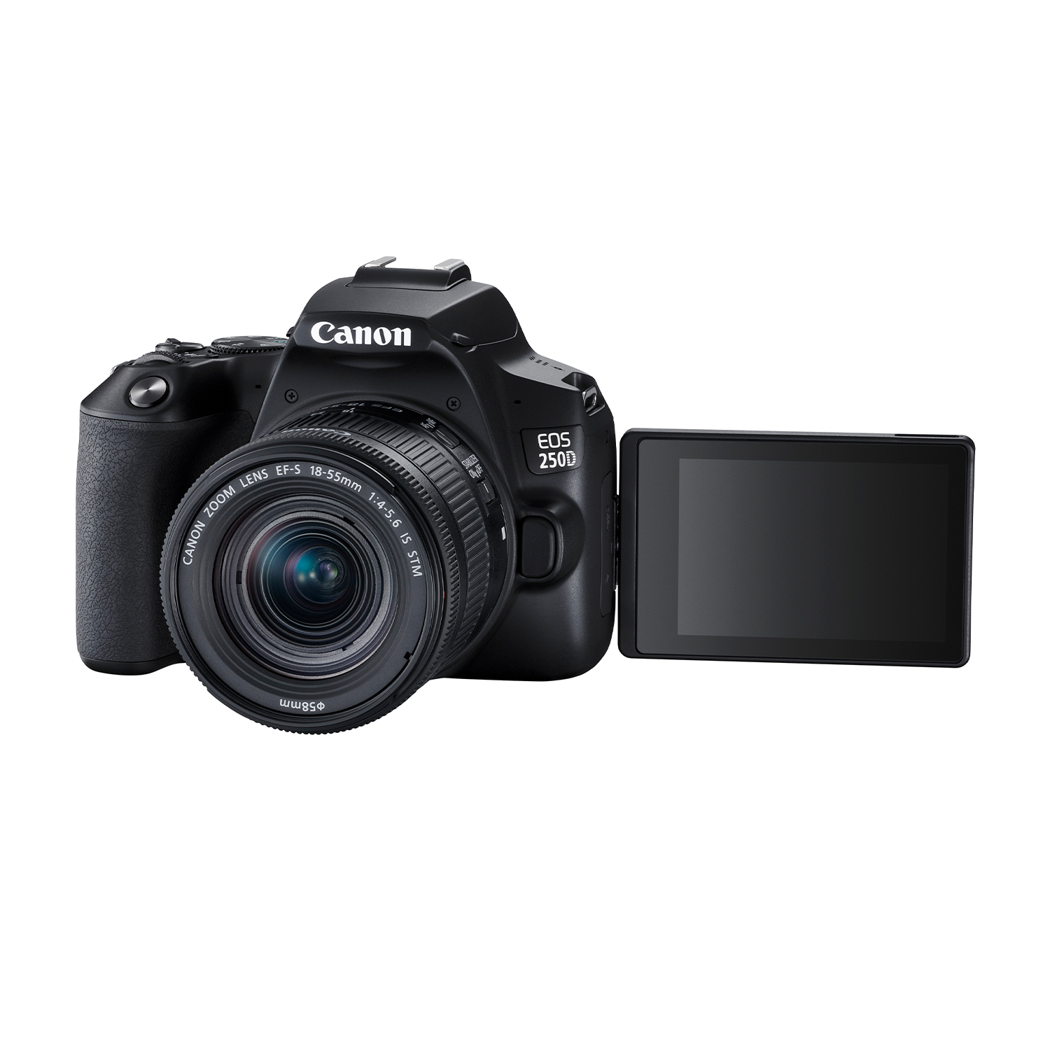 Aparat Canon EOS 250D DSLR jest odizolowany na białym tle. Ekran jest otwarty. Na obiektywie napis: EF-S 18-55mm.