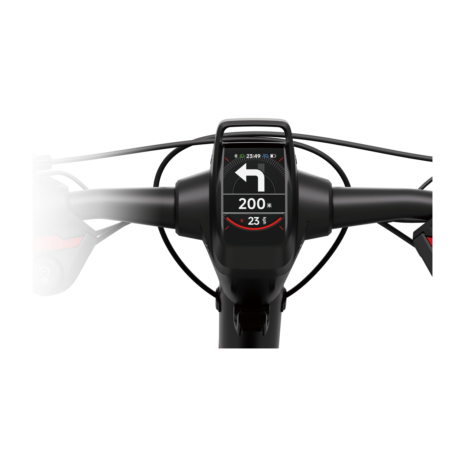 Schwarzer Fahrradlenker mit Digitalanzeige, die Navigations- und Geschwindigkeitsinformationen anzeigt. Auch die Uhrzeit wird angezeigt.