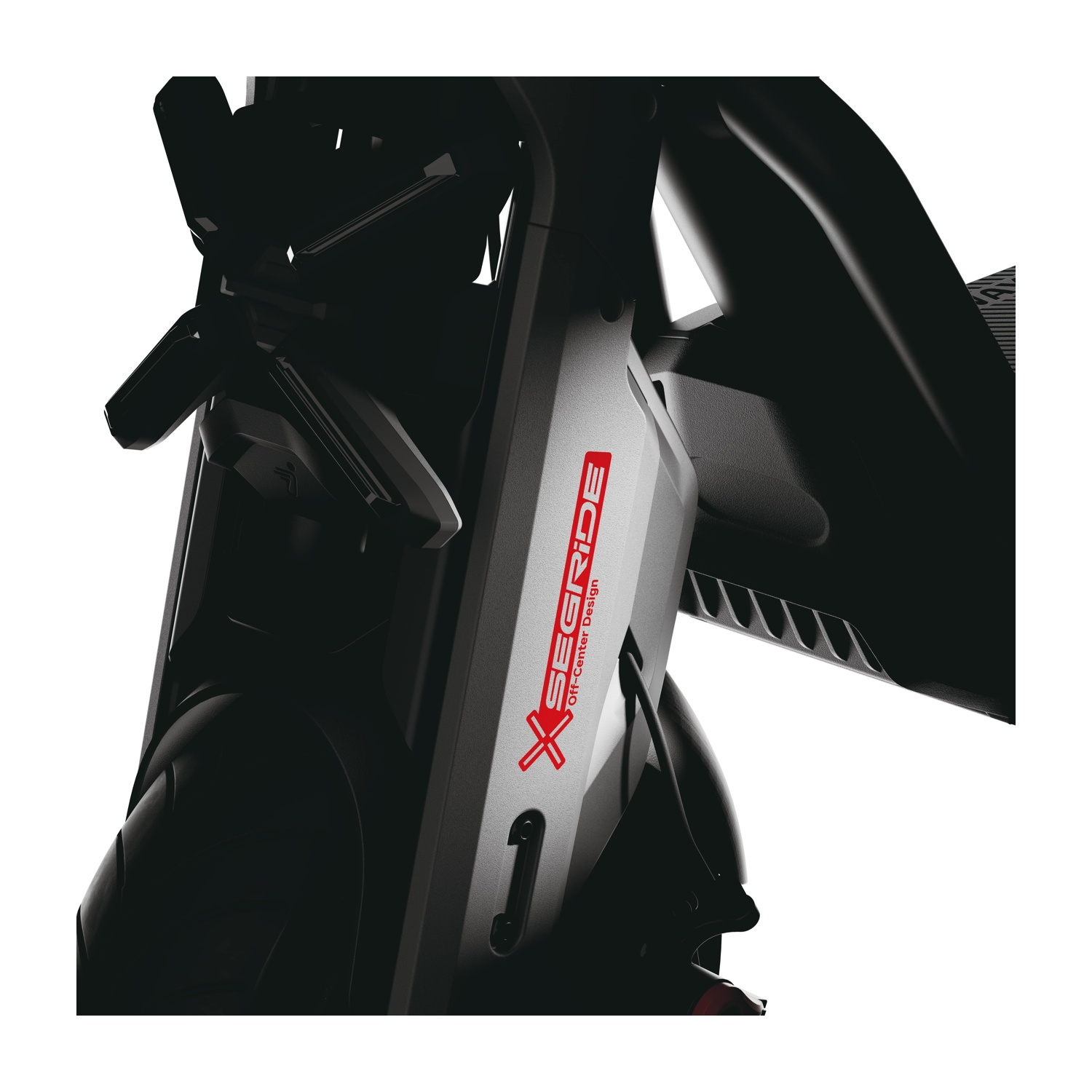 Nahaufnahme eines Rollers. Der Roller ist schwarz und silber mit einem roten Logo mit der Aufschrift 'SEGRIDE Off-Center Design'.