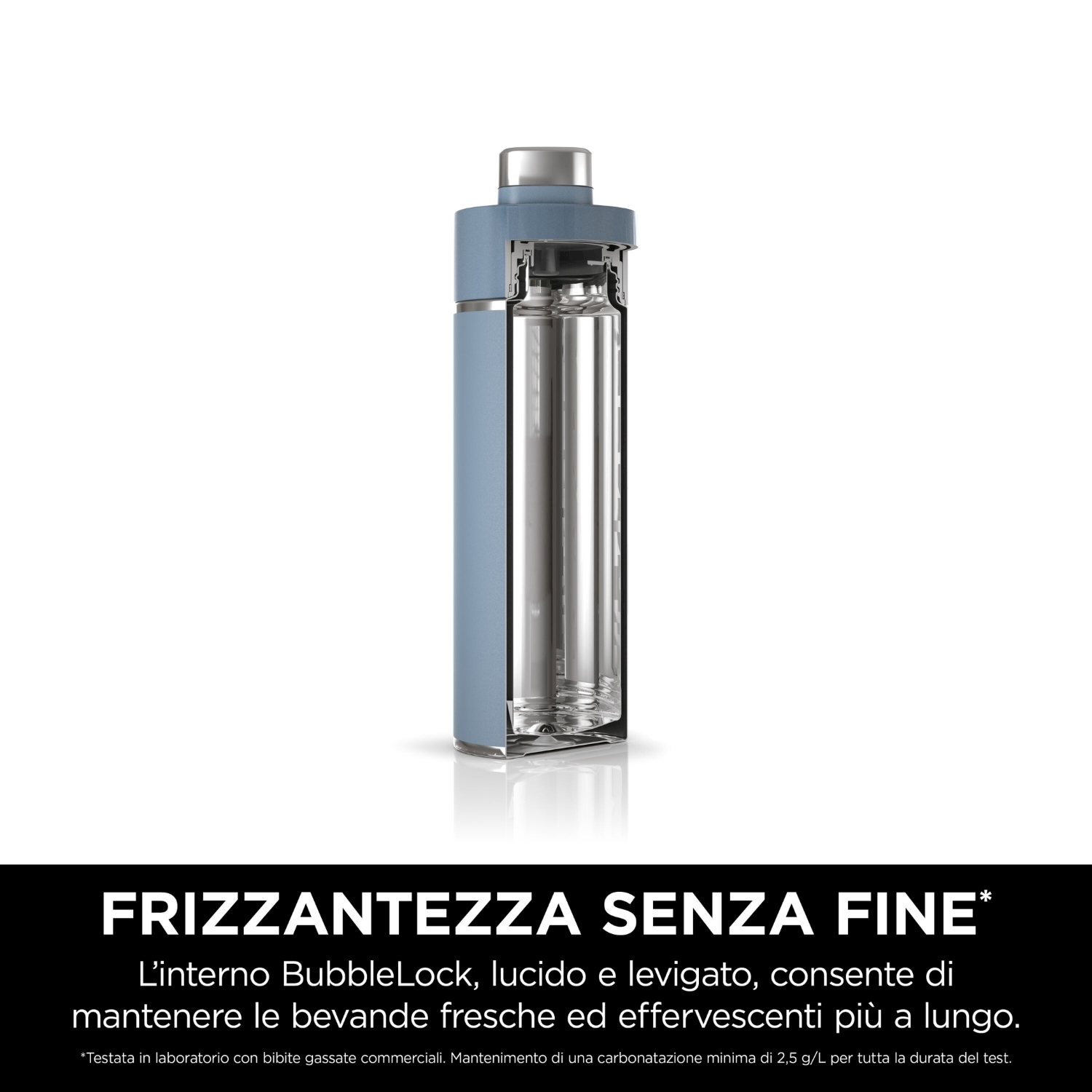 Una sezione trasversale di una bottiglia isolante blu e argento. Il testo in basso recita 'FRIZZANTEZZA SENZA FINE'.