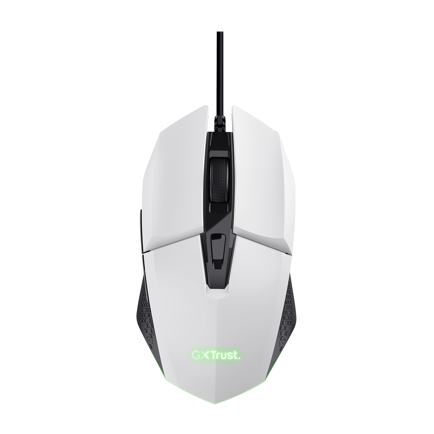 Eine weiße Gaming-Maus mit schwarzen Akzenten und einem schwarzen Kabel. Die Maus hat ein grün leuchtendes Logo und ein Scrollrad.