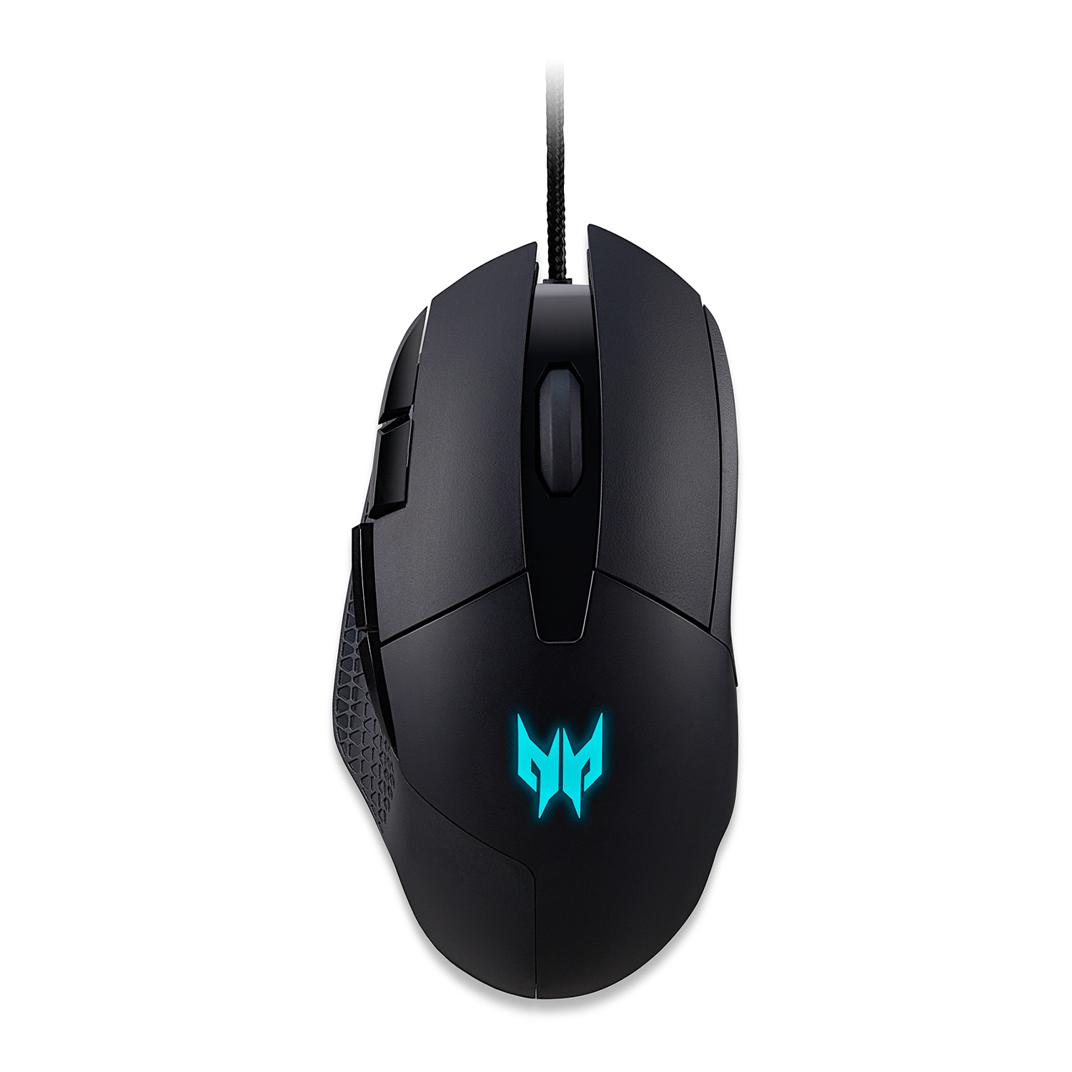 Schwarze Predator-Gaming-Maus auf weißem Hintergrund. Mit Tasten, Scrollrad und leuchtendem blauem Logo. Befestigtes geflochtenes Kabel.