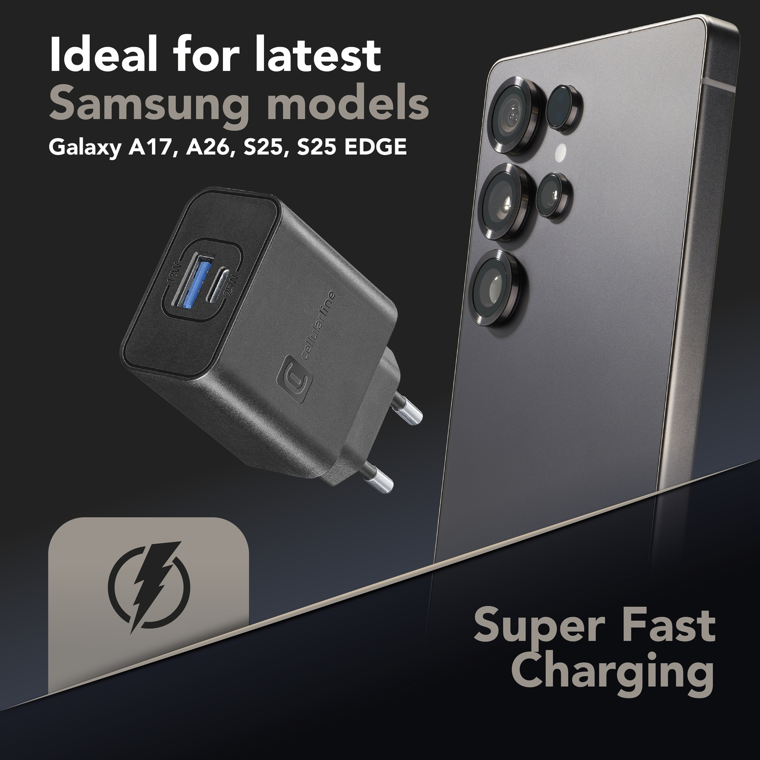 Das Bild zeigt ein schwarzes Ladegerät mit einem Telefon. Text: 'Ideal für die neuesten Samsung-Modelle'. Unten steht 'Super Fast Charging'.