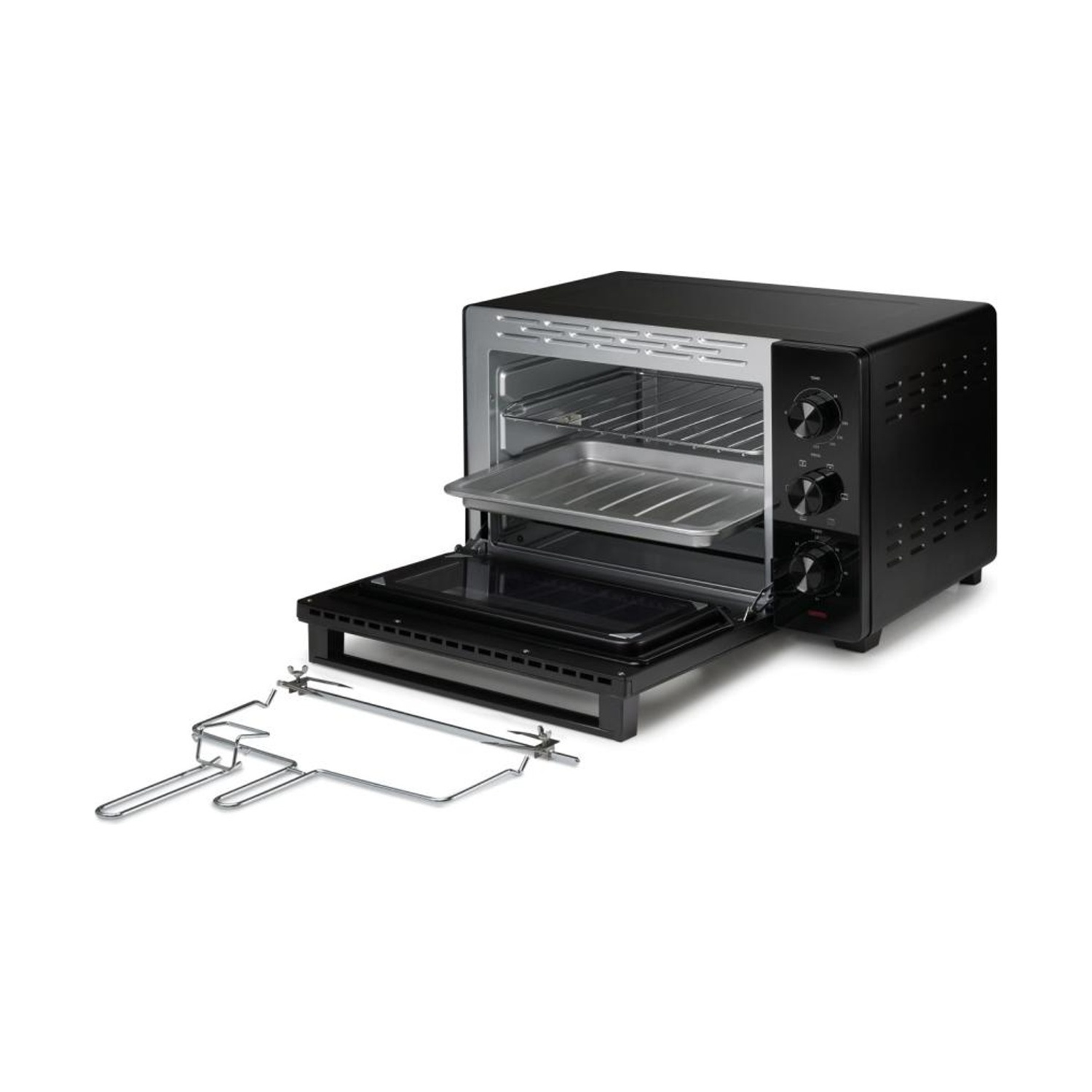 Un forno tostapane nero con porta aperta, che mostra l'interno e gli accessori. Griglia e vassoio in metallo all'interno.