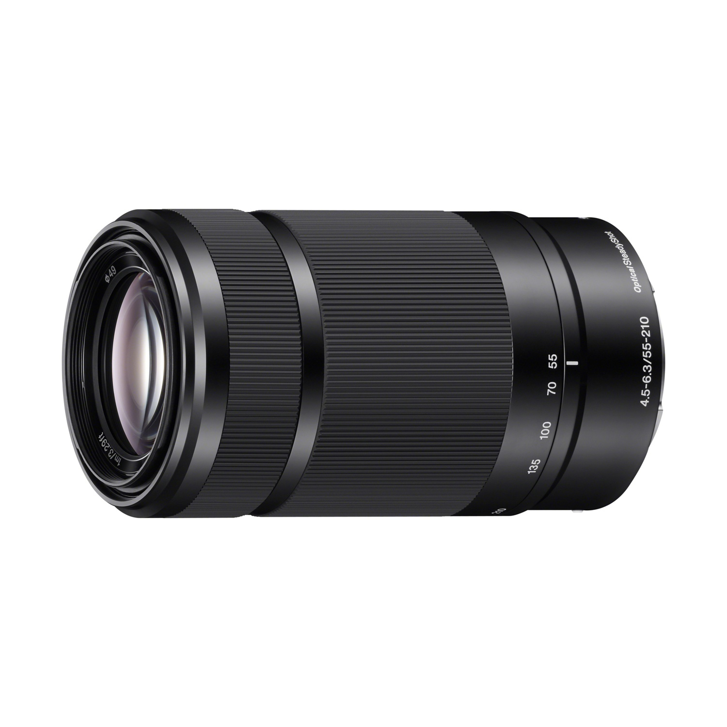 A black camera lens, cylindrical in shape, with measurement markings. The lens has a glass element and is set against a white background.