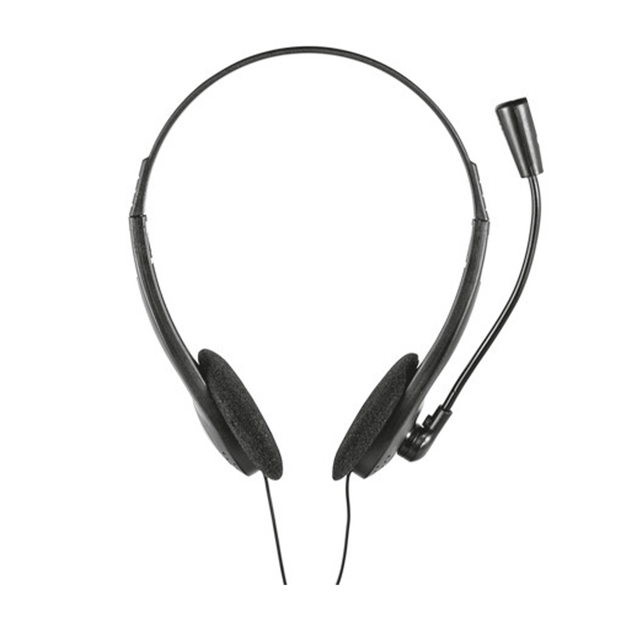 Schwarzes Headset mit Ohrpolstern und Mikrofon auf weißem Hintergrund. Das Headset ist zentriert.